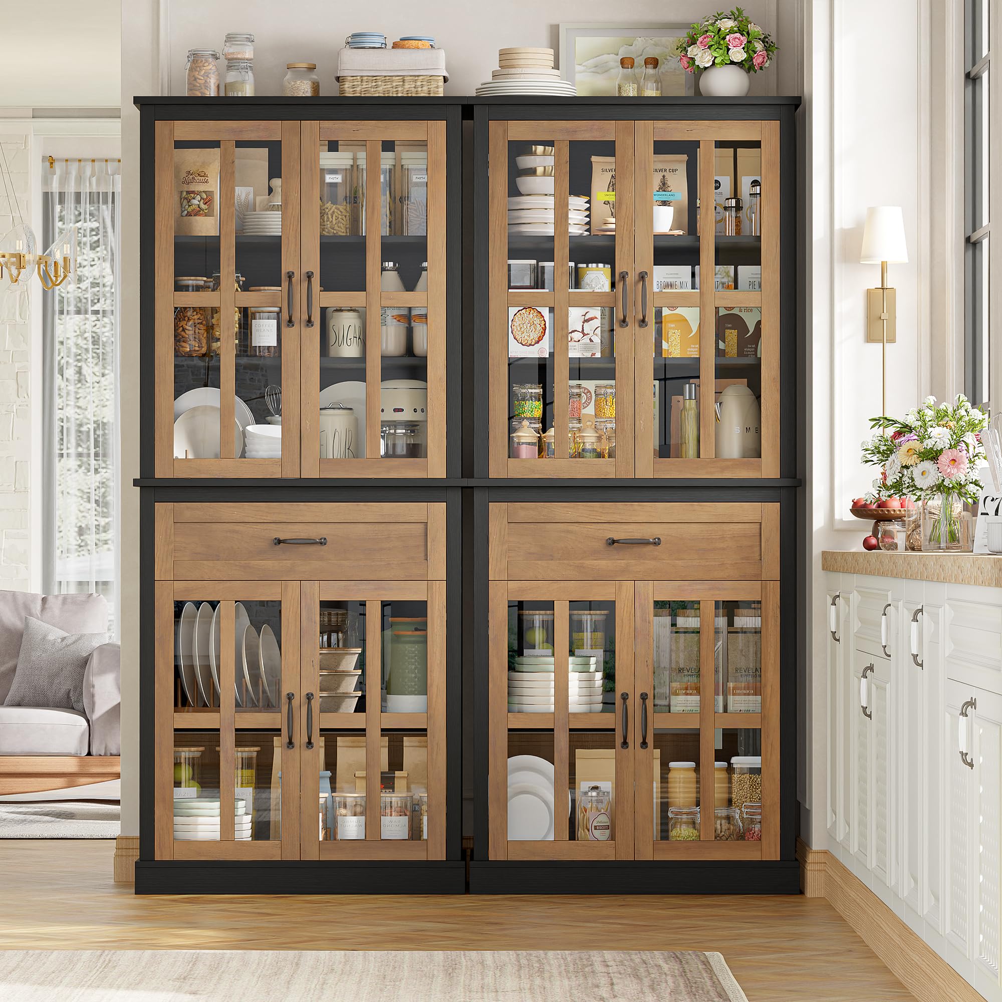 Tall Kitchen Pantry Cabinet with Glass Doors & Drawer