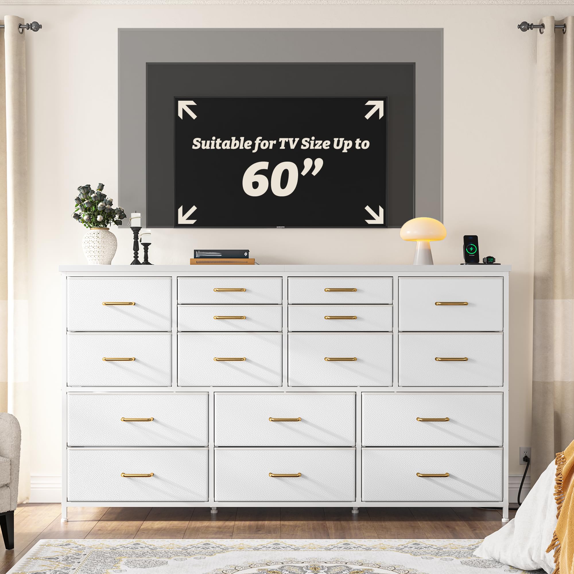 EnHomee Dressser for Bedroom Dresser with 16 Drawers TV Stand for Bedroom for 60" TV Long Dressers & Chests of Drawers Large Dresser with Charging Station, White
