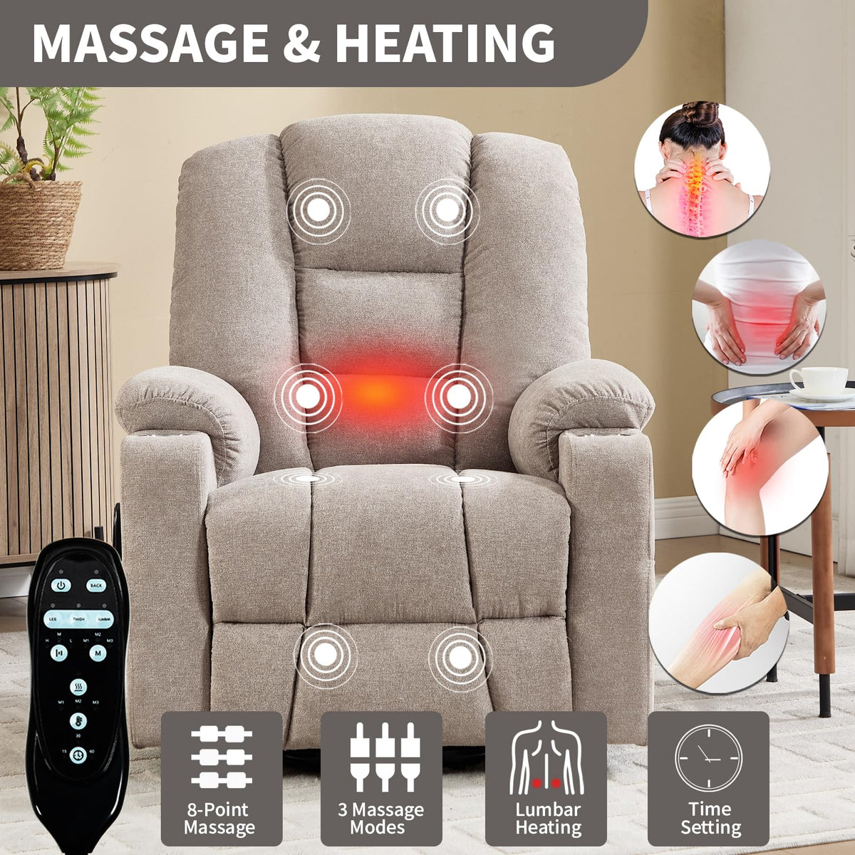 Power Lift Recliner Chair for Elderly with Massage & Heat, Chenille, Khaki