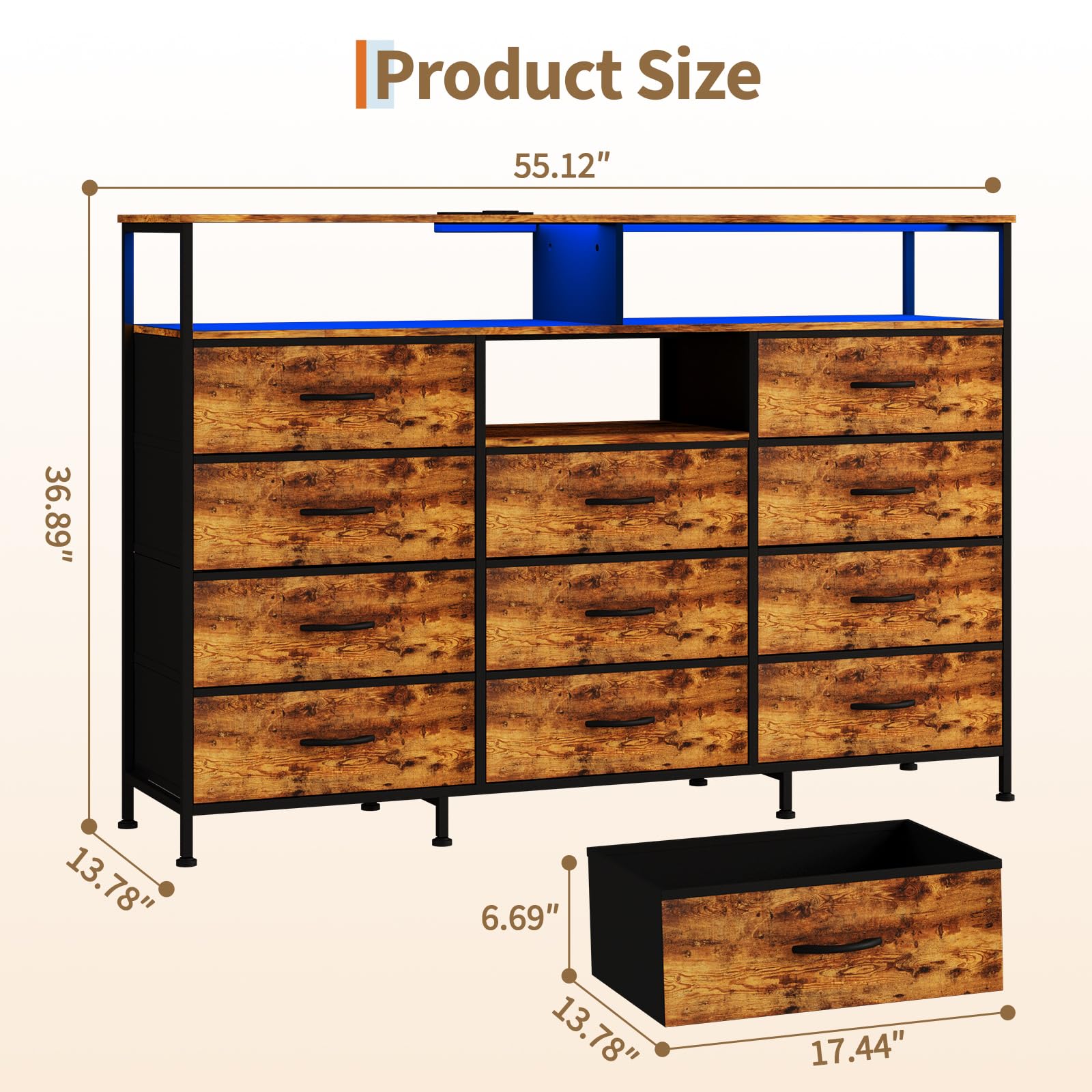 Dresser for Bedroom with LED Lights & Charging Station, 11 Drawer Dressers & Chests of Drawers, Steel Frame, Wood Top, 55 ” Fabric Dresser TV Stand for Bedroom,Hallway, Storage Organization, Entryway