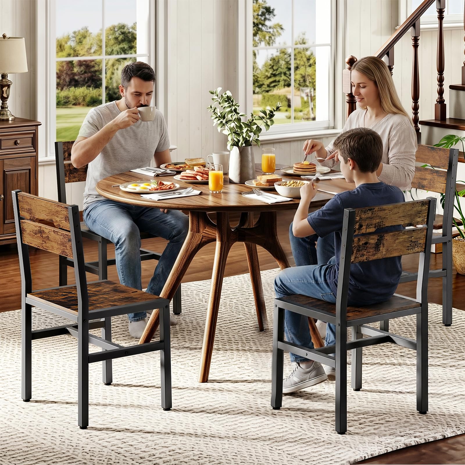RALGEND Dining Chairs Set of 4, Rustic Wooden Kitchen Chairs with Backrests and Metal Frame, Modern Farmhouse Dinner Chairs for Kitchen, Easy Assembly, Living Room, Dining Room, Rustic Brown and Black