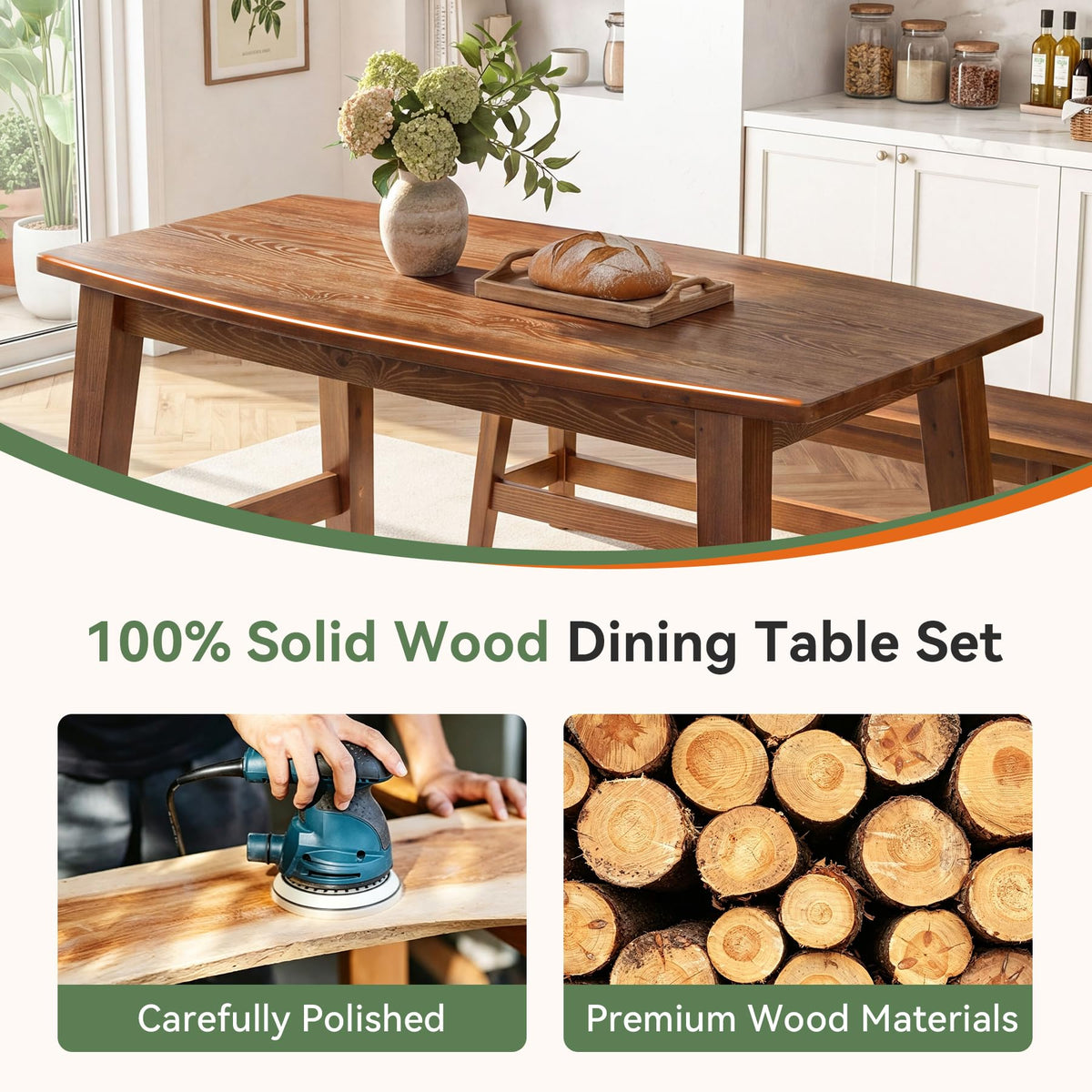 Tribesigns 55-Inch Farmhouse Solid Wood Dining Table Set with 2 Benches
