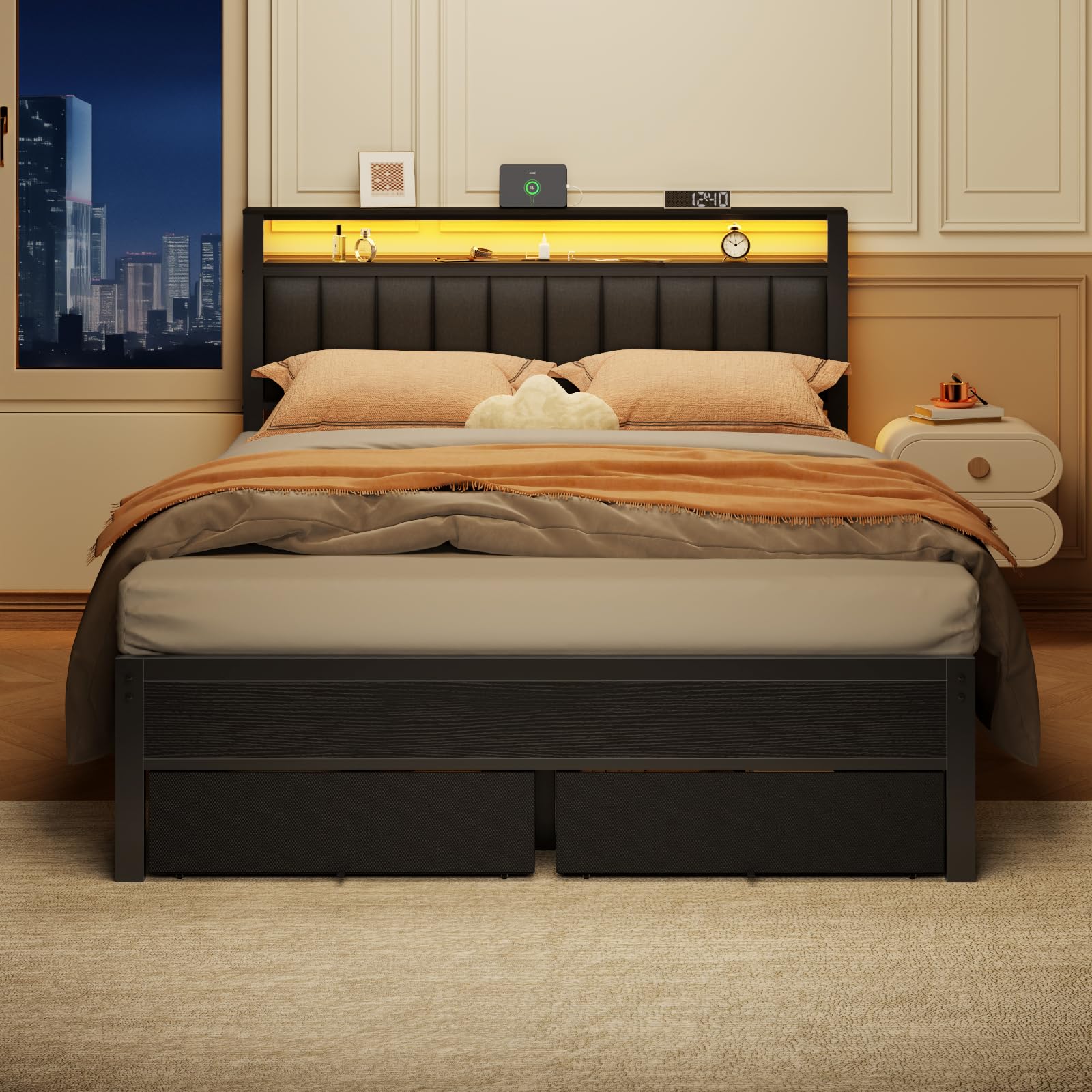 Platform Bed Frame with LED Lights, Charging Station & Storage Drawers