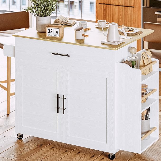 Rolling Kitchen Island with Drop Leaf & Charging Station