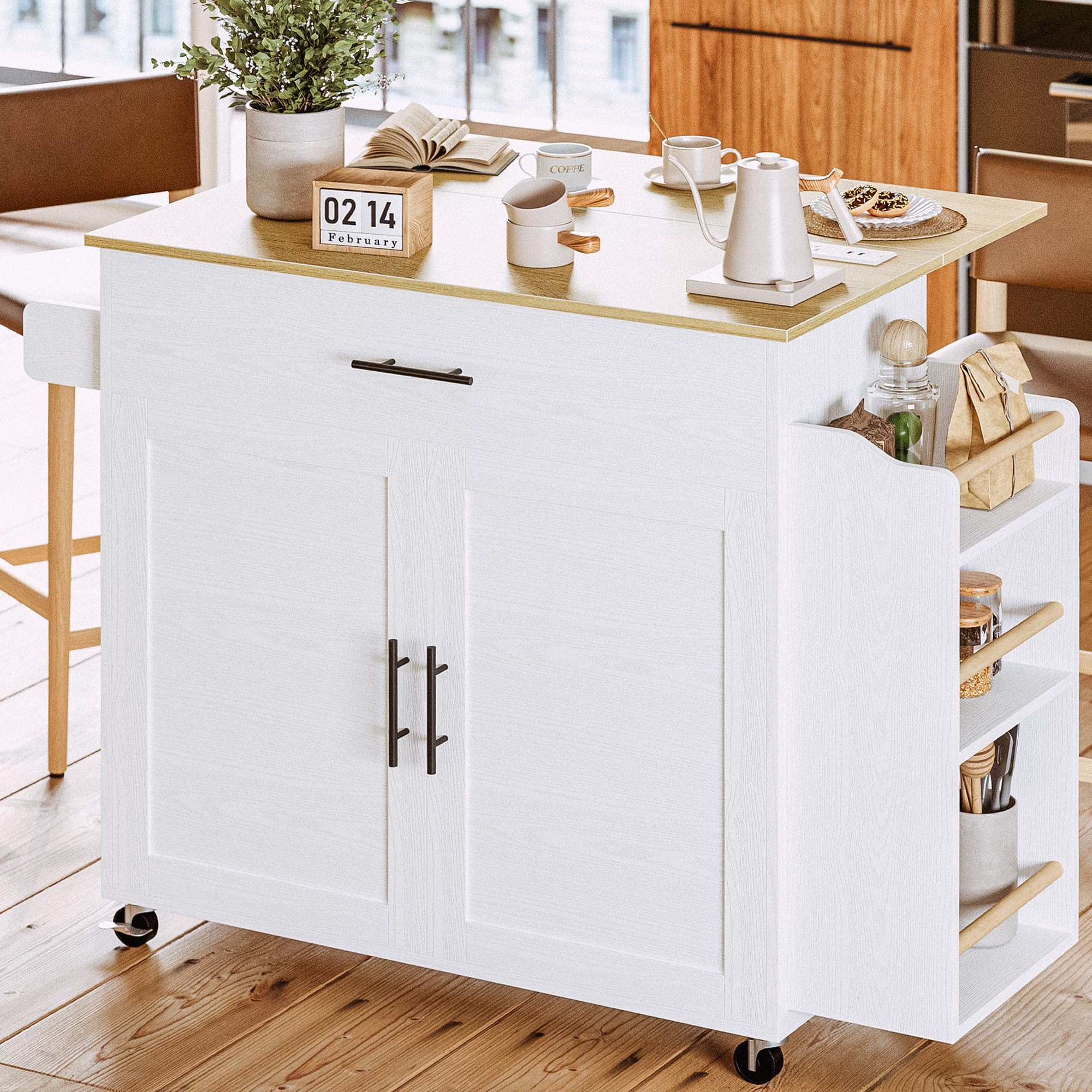 Kitchen Island with Storage & Drop Leaf on Wheels