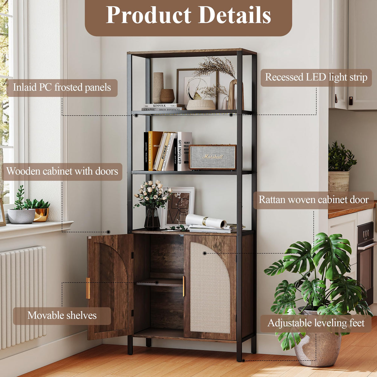 Rattan LED Bookshelf with Cabinet