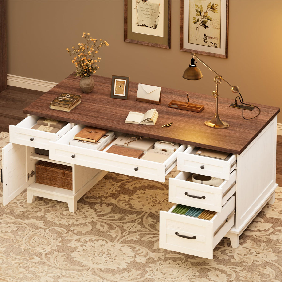 Farmhouse Executive Desk with Charging Station