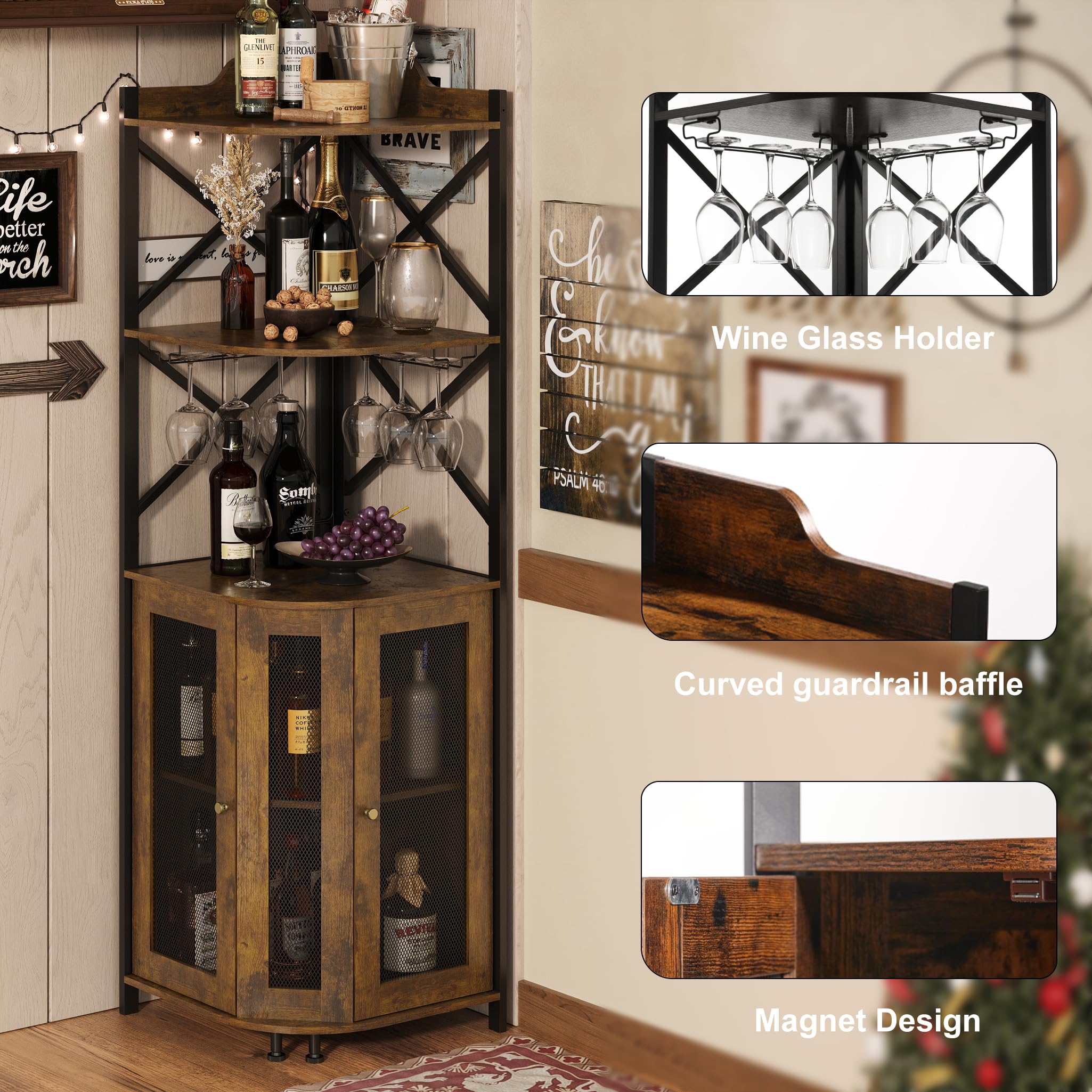 5-Tier Corner Bar Cabinet with LED Lights & Glass Holder