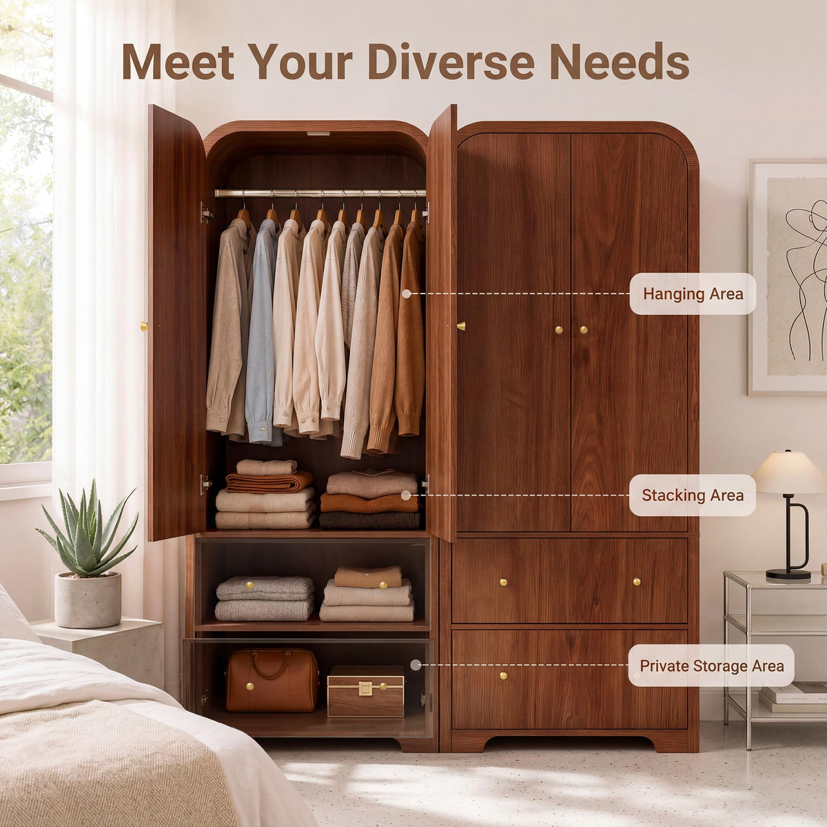 Seang Arched Armoire Wardrobe Closet,70" Wooden Wardrobe Cabinet with 2 Drawers,Hanging Rod,2 Doors Clothing Storage Cabinet for Bedroom,Gym,Cloak Room,Walnut