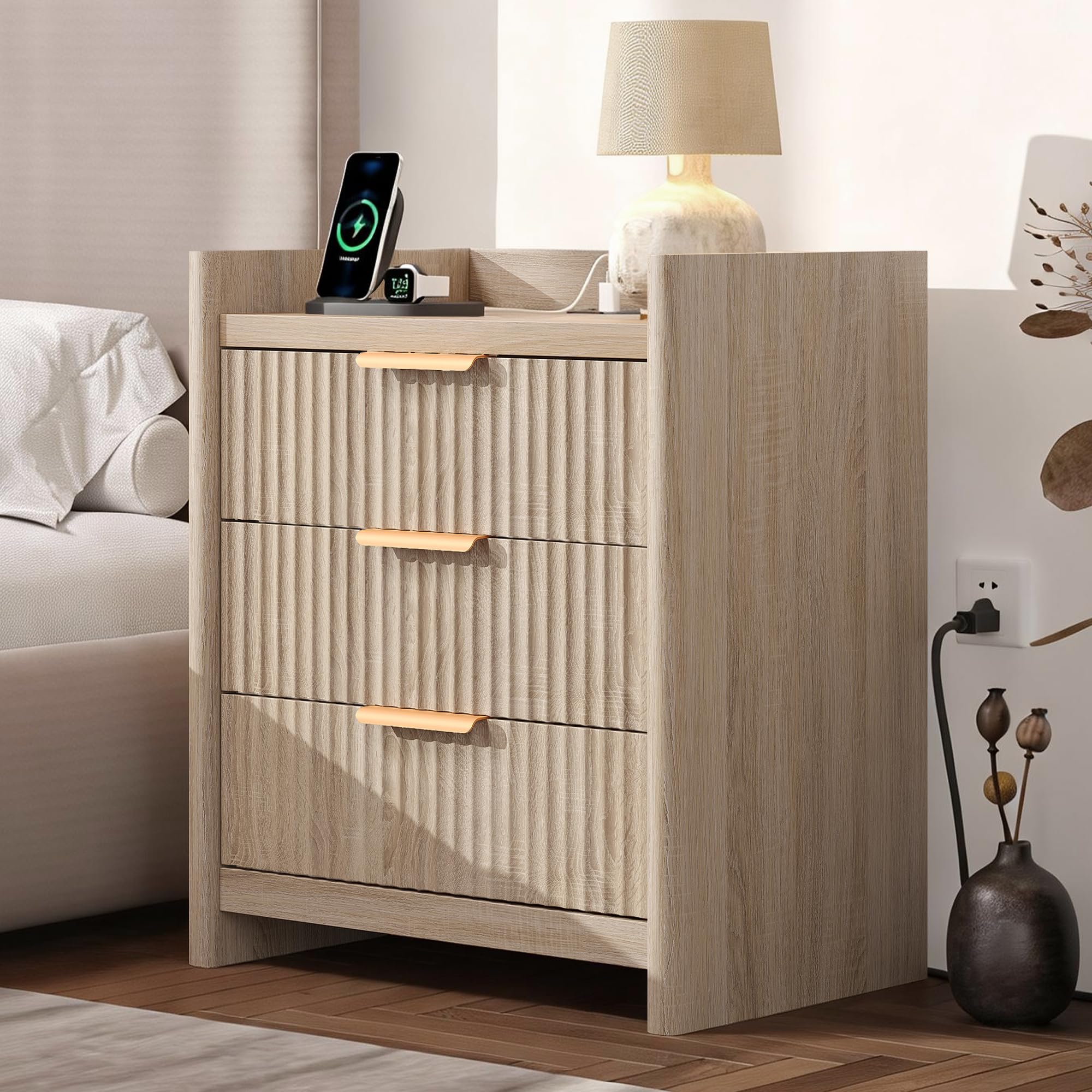 25.9" Fluted Nightstand with Charging Station, Large Bedside Table with 3 Storage Drawers and Metal Handle, Modern End Table for Bedroom, Home Office(Natural Oak)