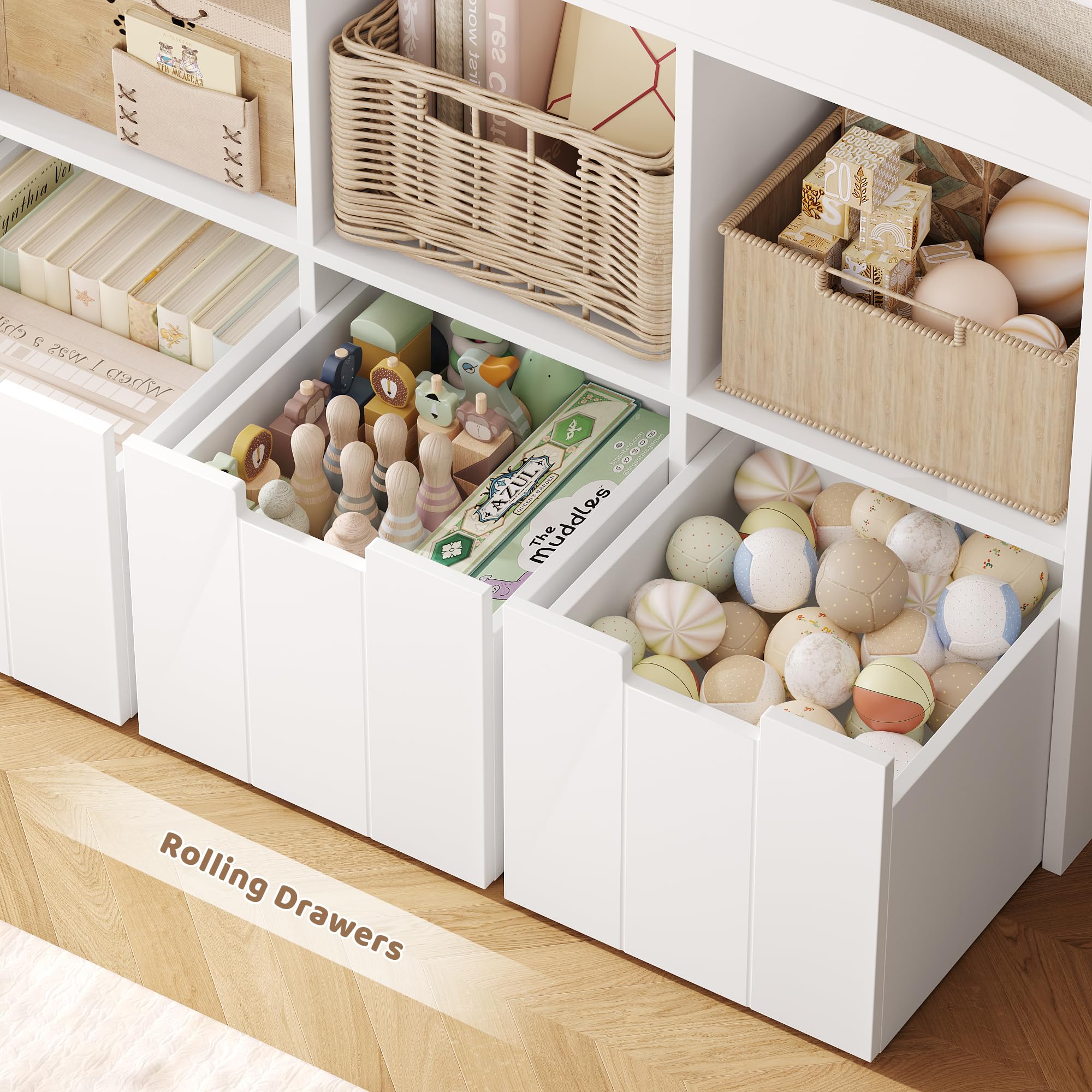 HITHOS Kids Toy Storage Organizer with Bookshelf, Multifunctional Book Shelf with 3 Movable Toy Organizers for Kids Room, Kids Bookcase and Toy Box, Toy Storage Chest for Playroom, White