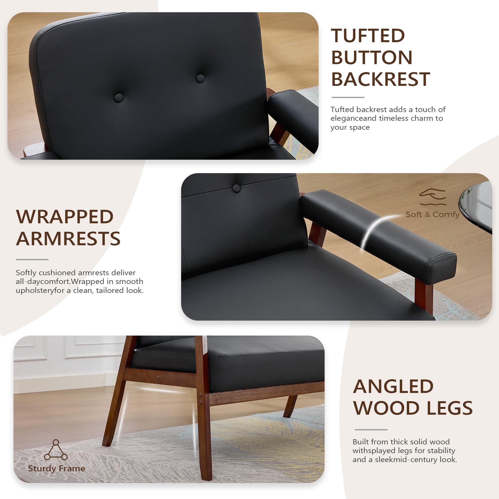JIASTING Accent Chairs Set of 2, Black Leather Chairs with Solid Wood Frame, Tufted Small Mid-Century Modern Wooden Arm Chair, Comfy Office Reading Armchair for Living Room, Bedroom (2)