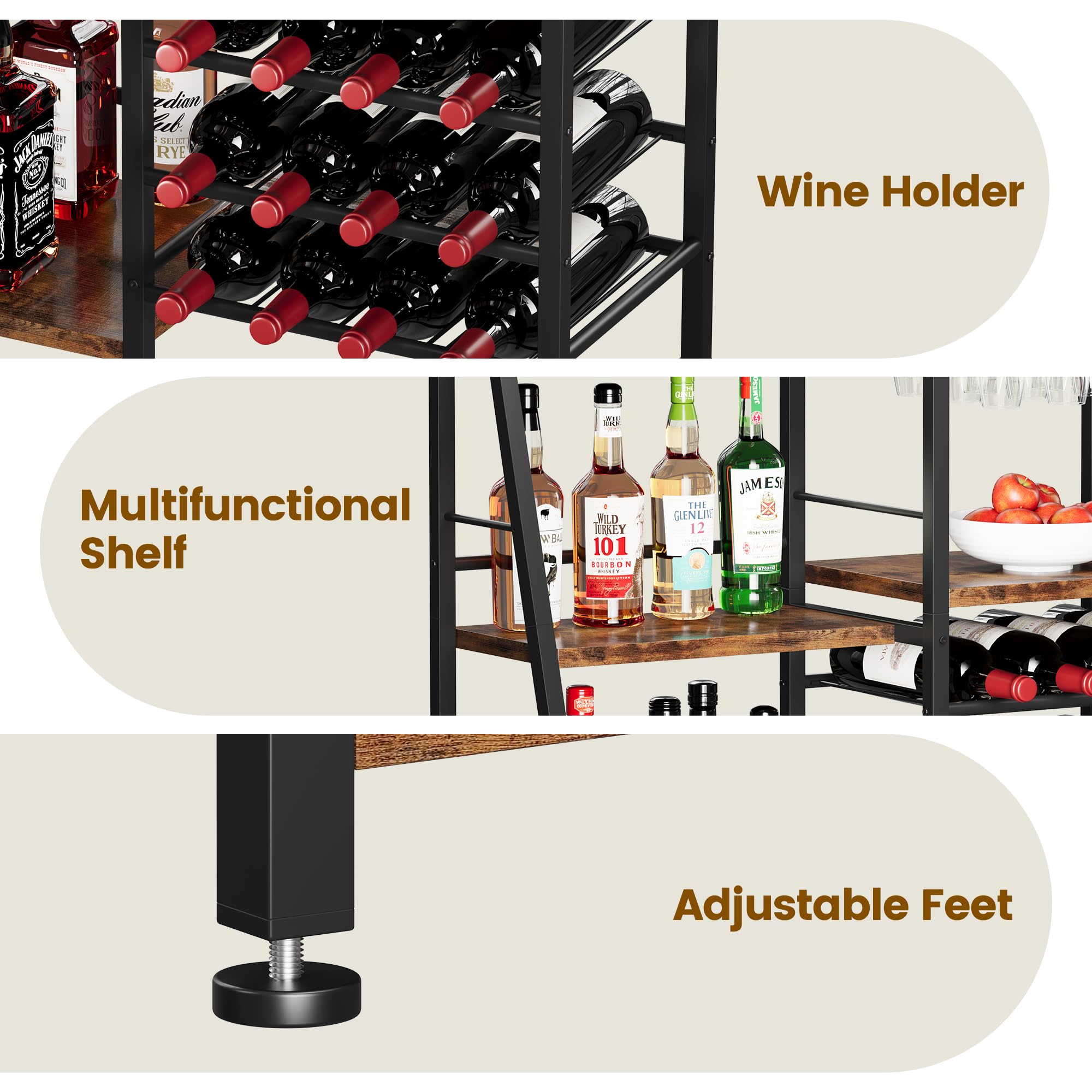 3-Tier Bar Cabinet with Wine Rack & Glass Holder