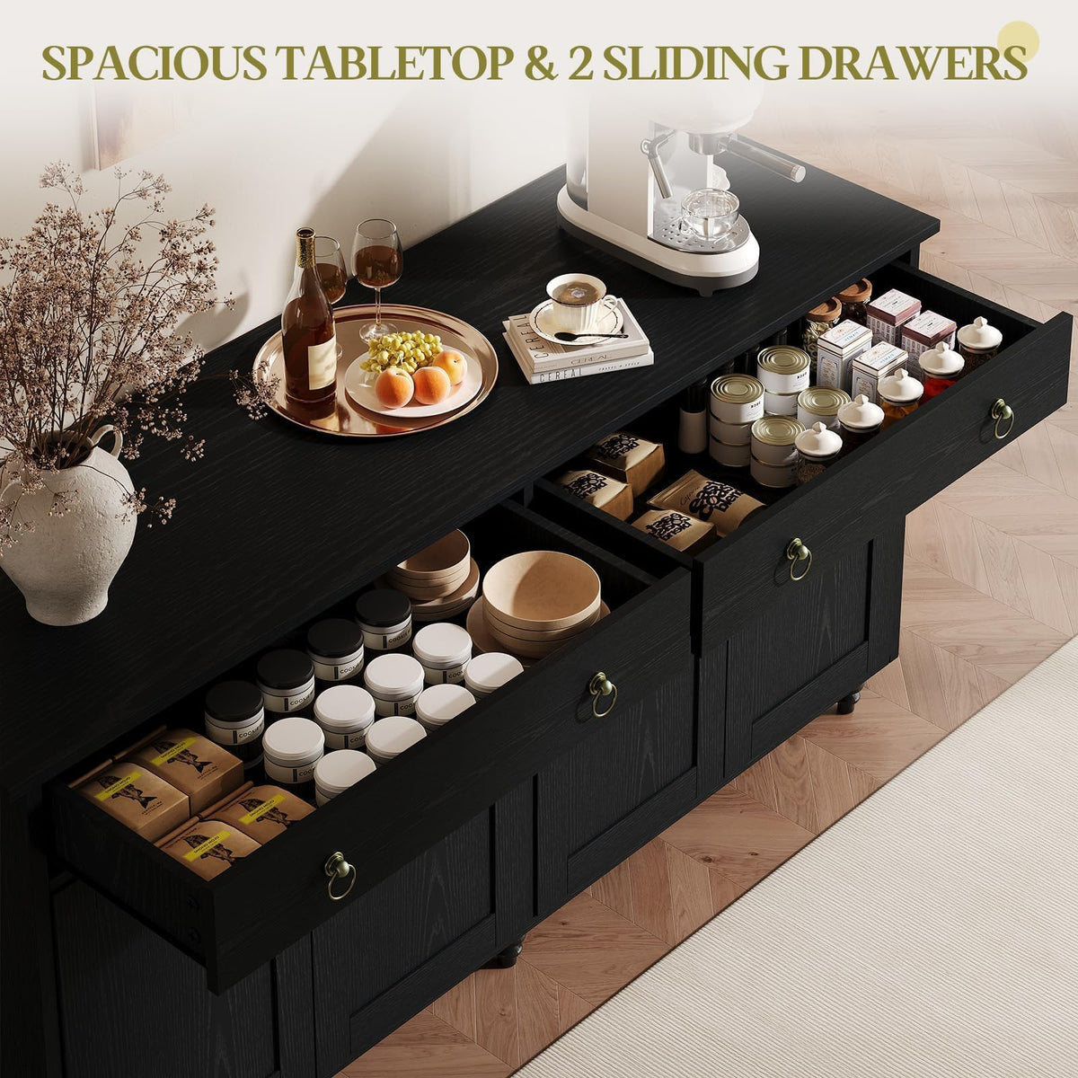 4 EVER WINNER 55" W Black Buffet Cabinet, Coffee Bar Cabinet with 2 Drawers