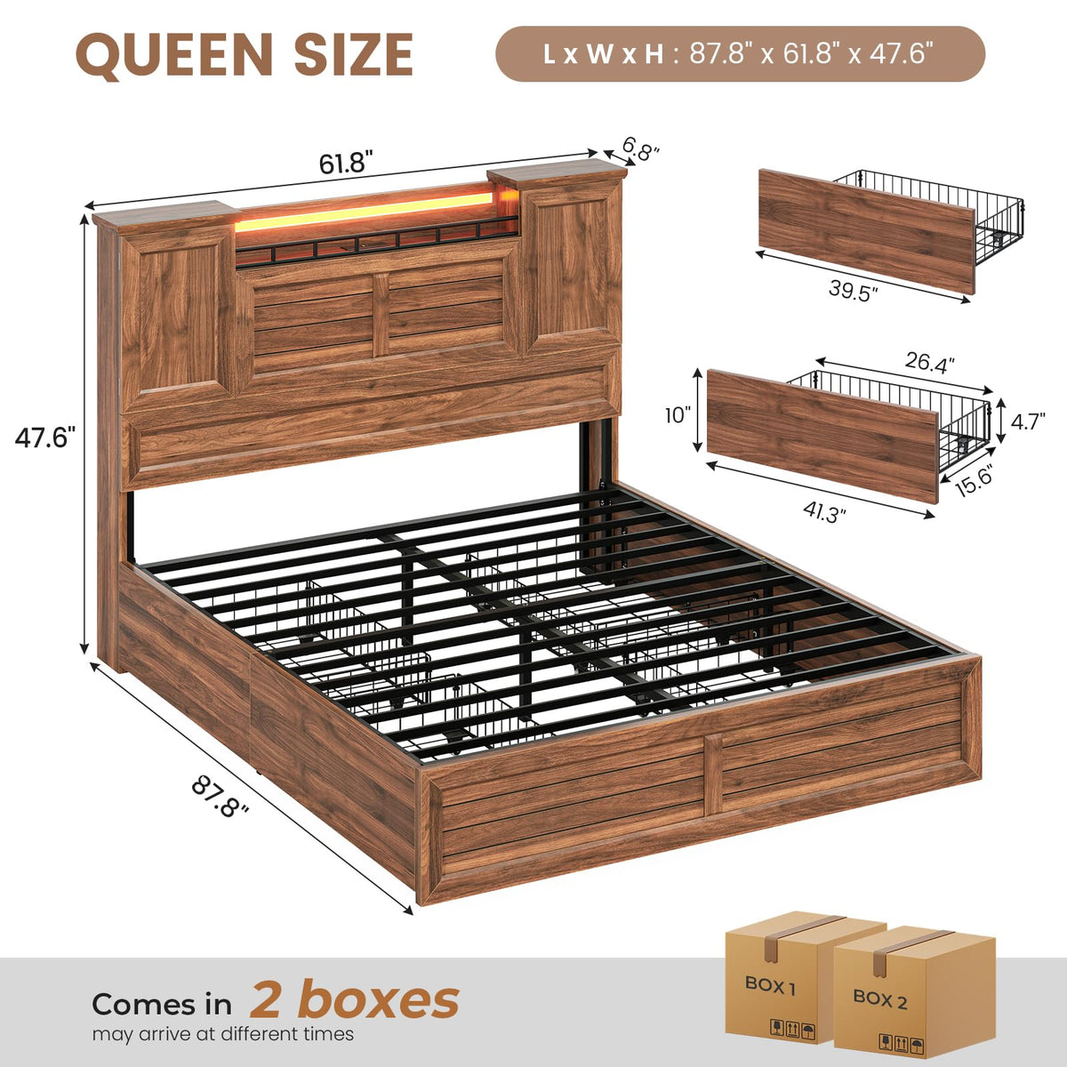 VIAGDO Queen Bed Frame with Headboard and Storage Cabinets, Farmhouse Bed Frame Queen Size with Charging Station and LED Lights, Wooden Platform Bed Frame with 4 Drawers, No Box Spring Needed, Brown
