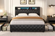 Queen Platform Bed with Storage Drawers & LED Headboard