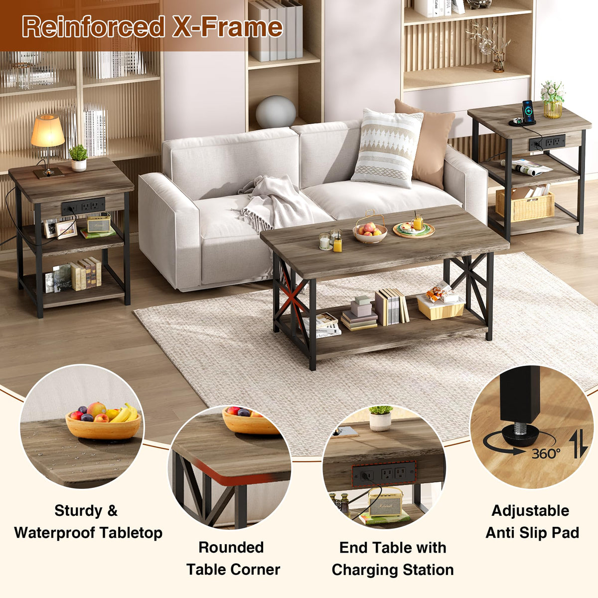 3-Piece Coffee Table Set with Charging Stations