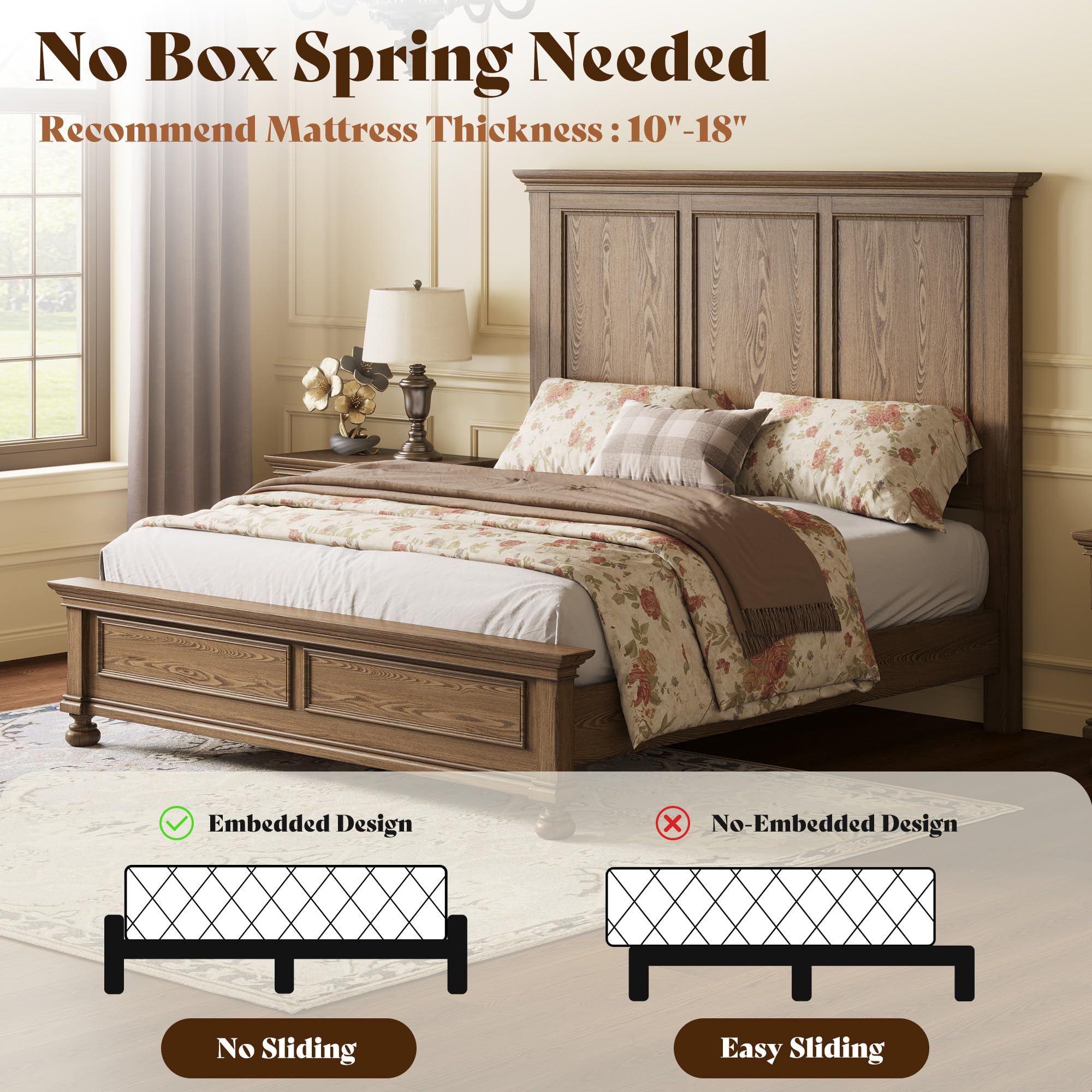 AMERLIFE Solid Wood 3 Piece Bedroom Set Including 65.2" High Queen Bed Frame, Fully Assembled Nightstands Set of 2 with 2 Storage Drawers for Bedroom, Light Brown