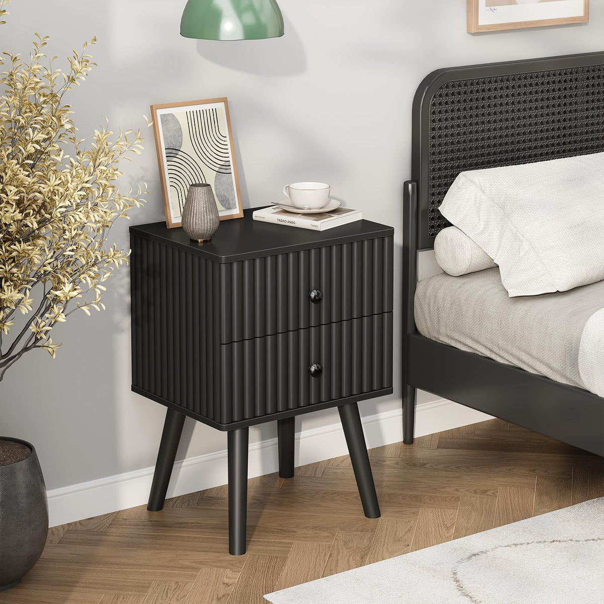 Gacfiew Wooden Nightstand with 2 Drawers, Fluted Night Stand Set of 2, Morden Side Table for Bedroom, Living Room and Small Space, Black