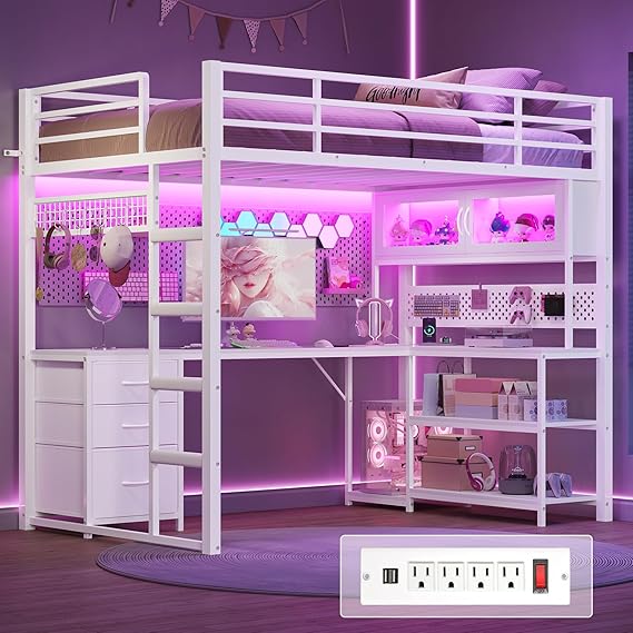 Twin Loft Bed with L-Shaped Gaming Desk & Storage