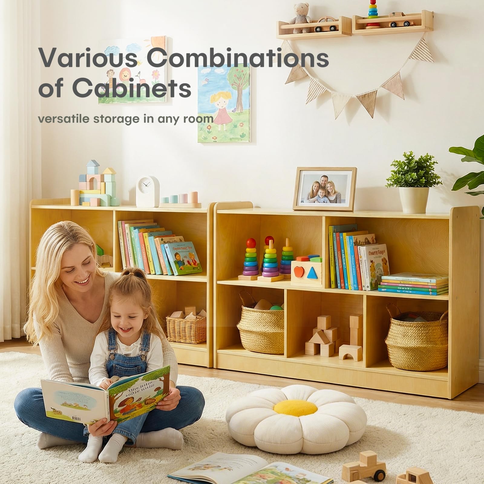 Montessori Shelf, Wooden Toy Storage Organizer with 2-Tier Shelf & 5-Section Storage Cabinet, Kids Bookshelf/Bookcase for Toddler Playroom, Nursery, Classroom(Natural)