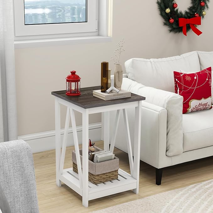 Farmhouse Square End Table with Slats Storage Shelf