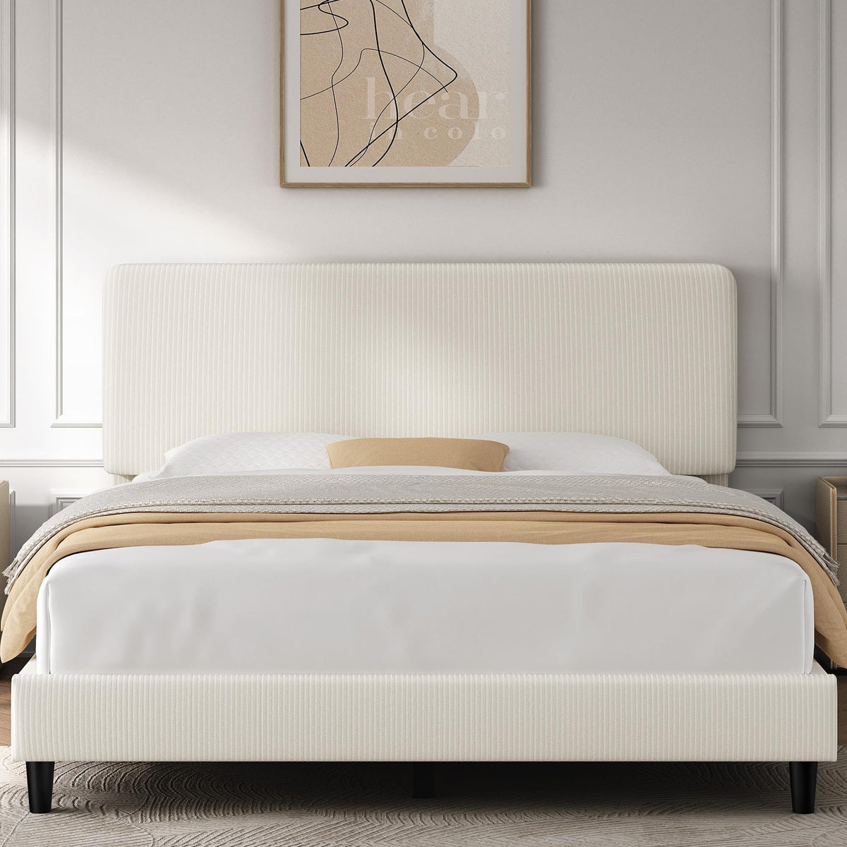 Yaheetech Queen Bed Frame, Adjustable Chenille Upholstered Headboard, Beige