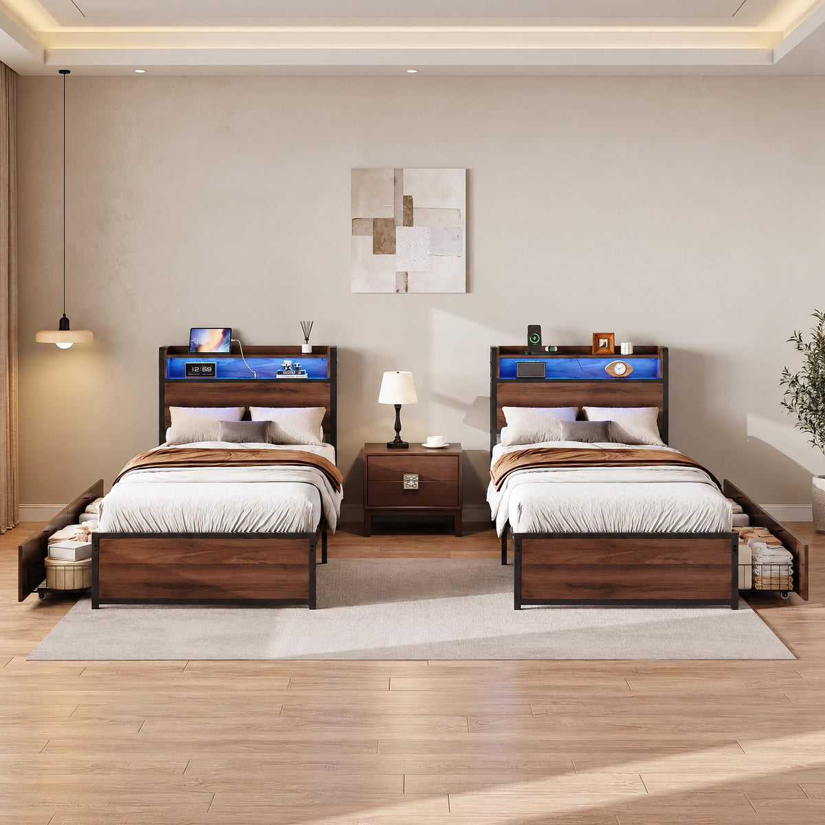 LIKIMIO Twin XL Bed Frames with 2 Large Drawers, Charging Station & RGB LED