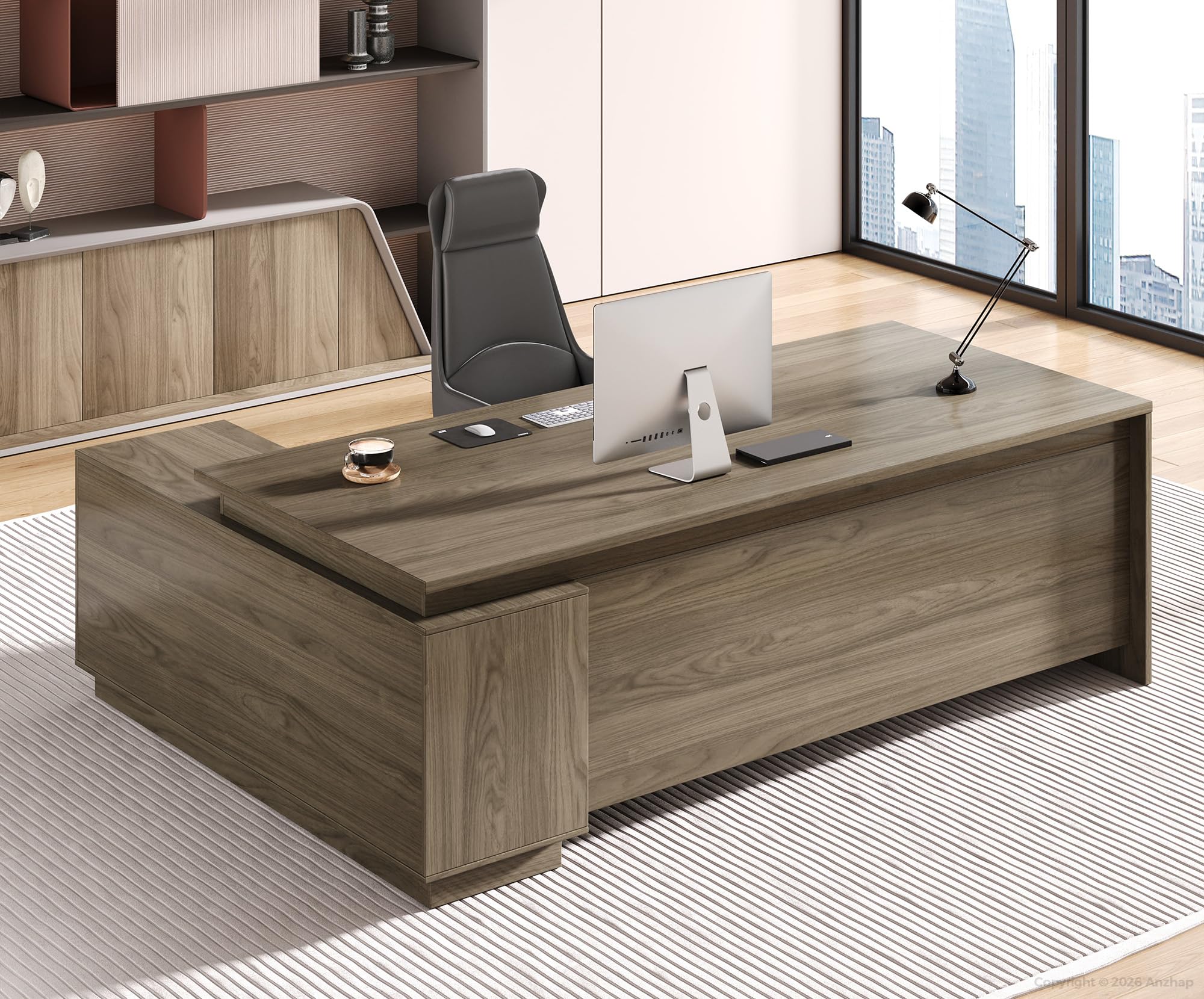 L-Shaped Executive Desk with Power Outlets & USB Ports