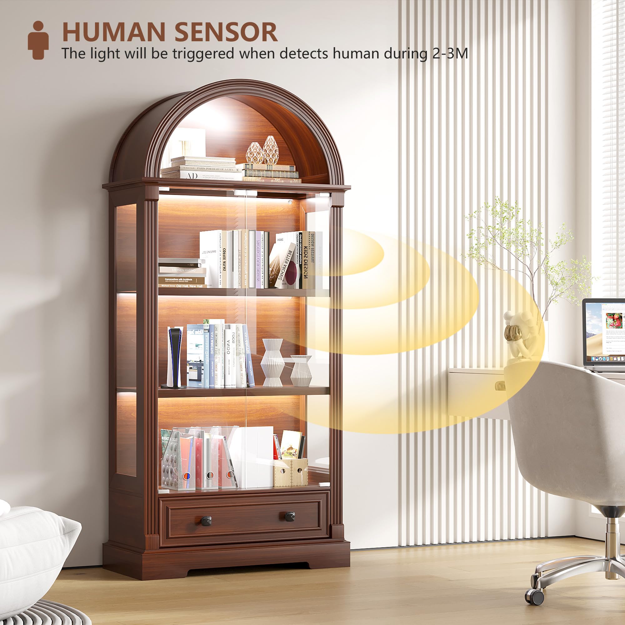 Arched Glass Display Cabinet with LED Sensor Lights, 4-Tier