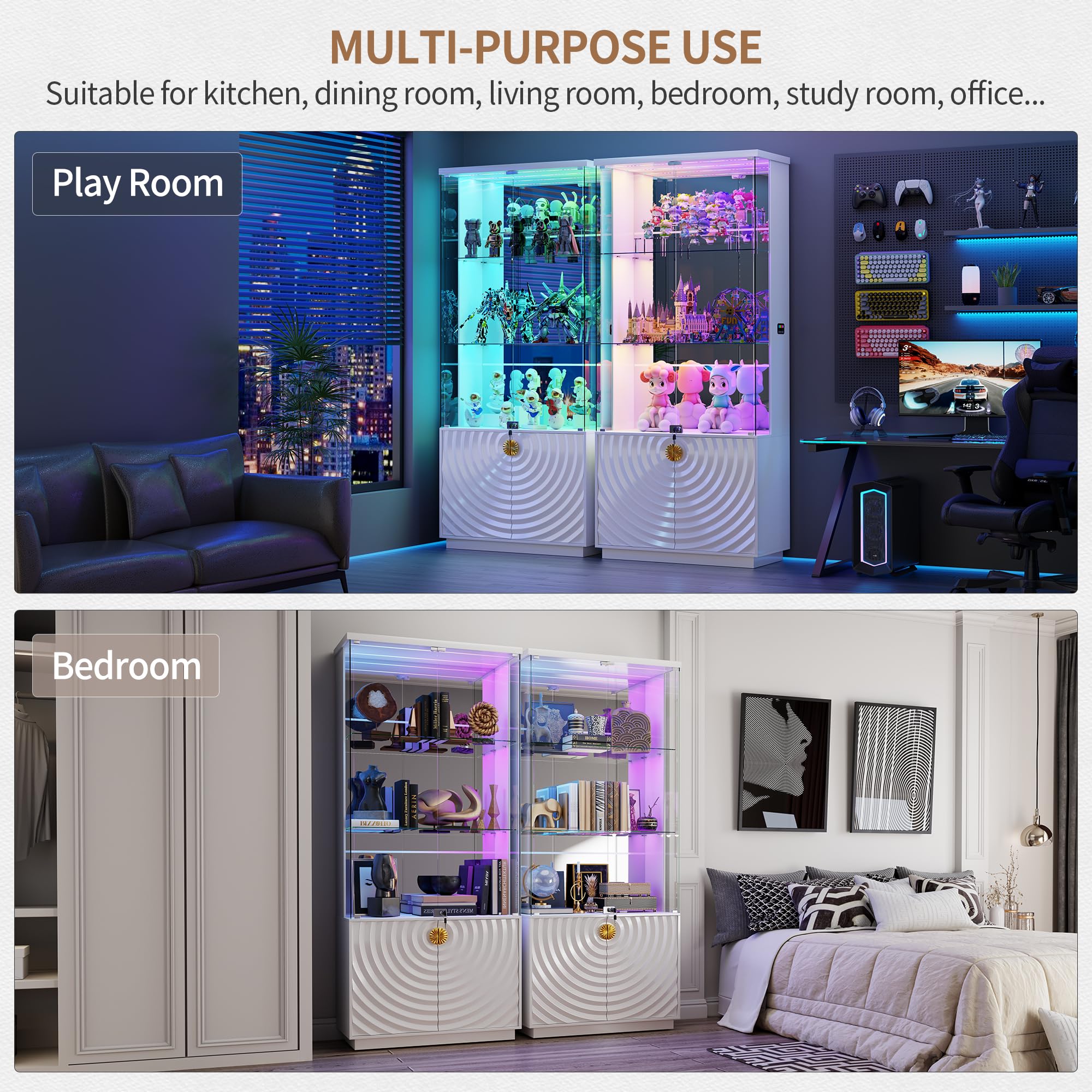 4-Tier Glass Display Cabinet with RGB LED Lights, Motion Sensor & Lockable Pop-Up Door – 70.9"