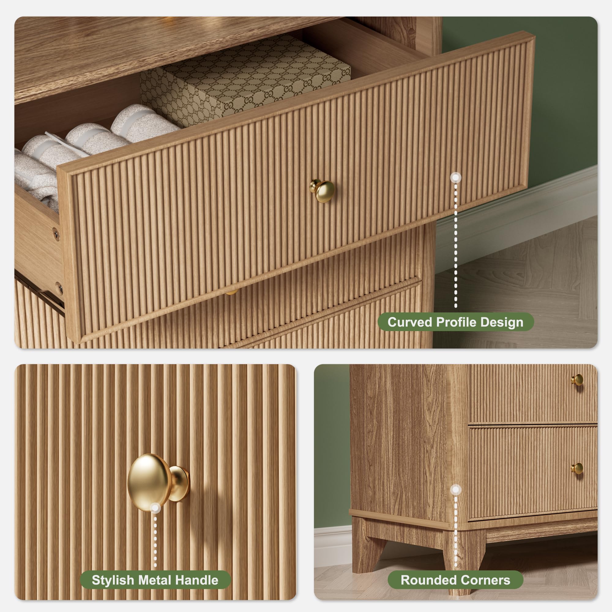 INNOD Fluted 6 Drawers Dresser, 54" Wide Modern Chest of Drawers with Round Corners, Wooden Dresser TV Stand, Wood Drawer Organizer for Bedroom, Living Room, Hallway