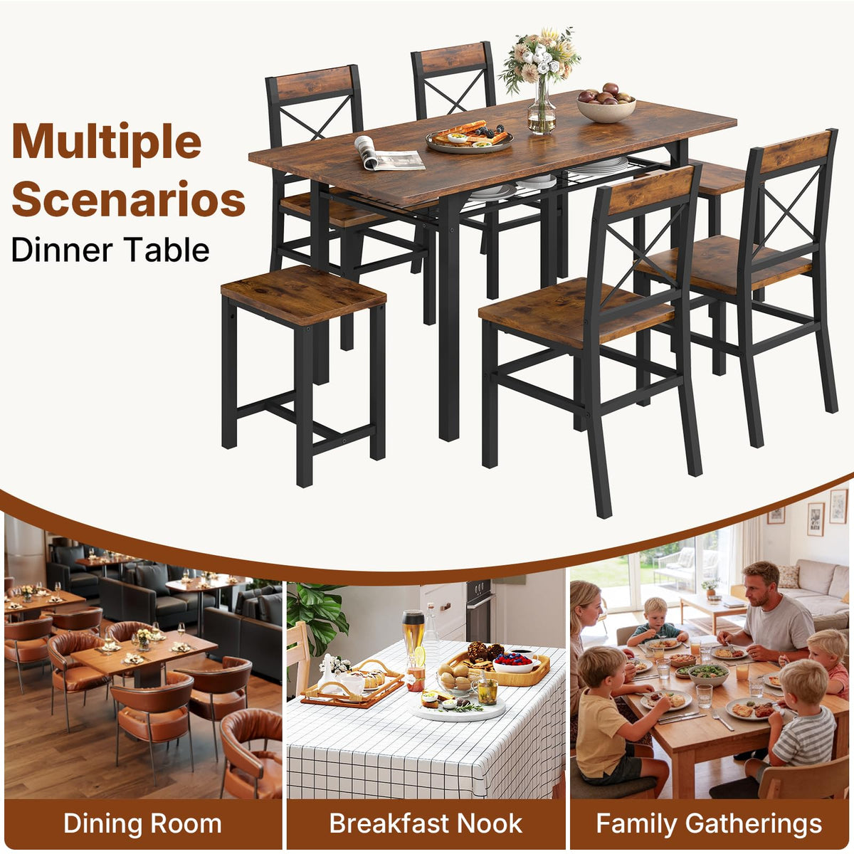 Zevemomo 7-Piece Dining Table Set, Kitchen Table Chairs with Storage Rack