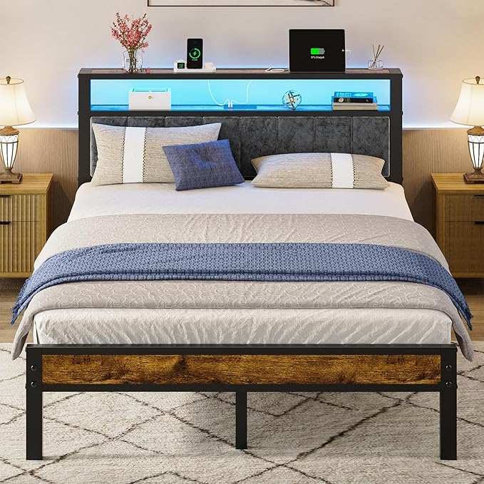 Platform Bed Frame with LED Lights & Charging Station