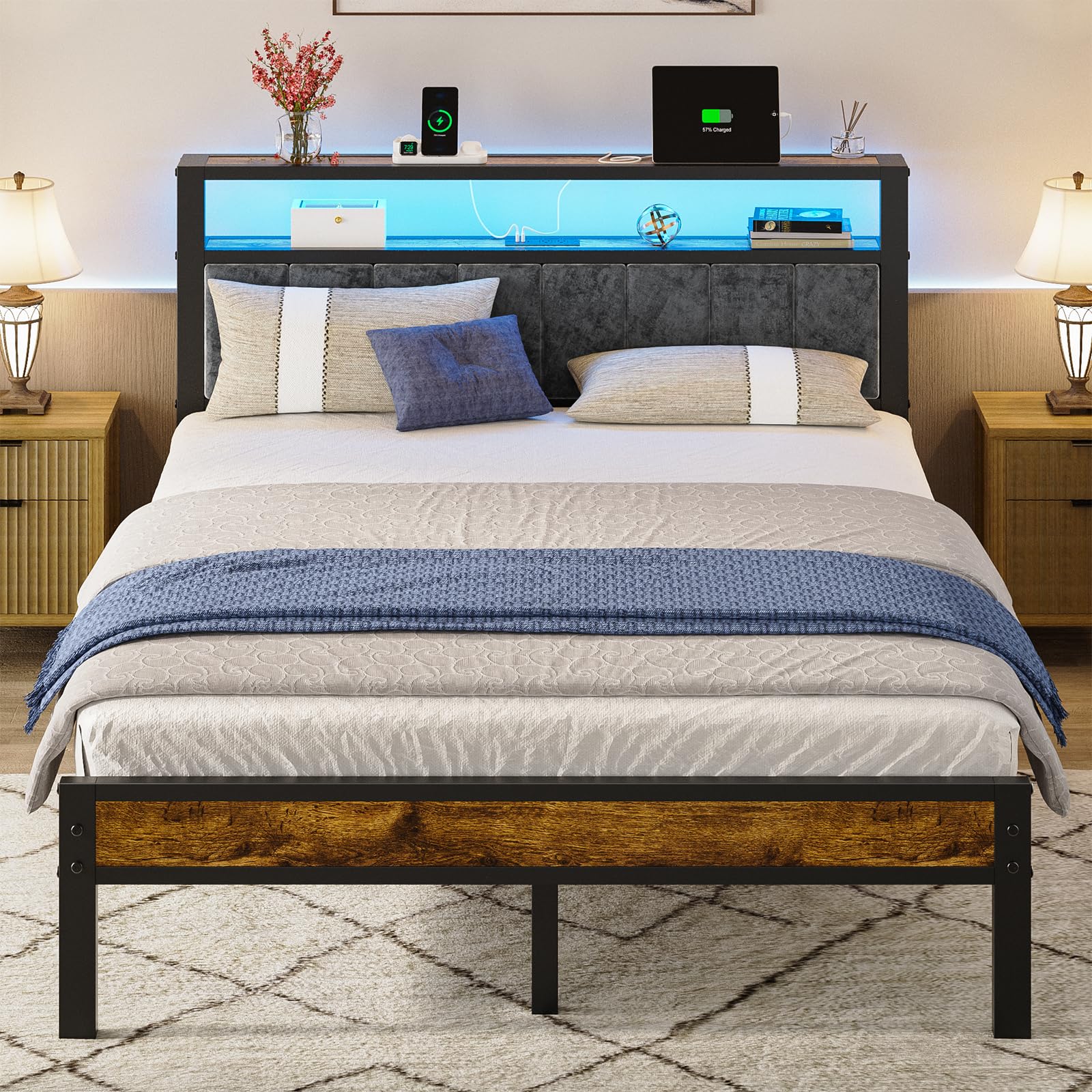 Liians Queen Size Bed Frame with 2-Tier Storage Shelves Headboard, Platform Bed with Charging Station, LED Lights No Box Spring Needed Noise Free