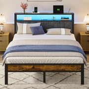 Metal Platform Bed Frame with RGB LED Lights, Charging Station & 2-Tier Storage Headboard