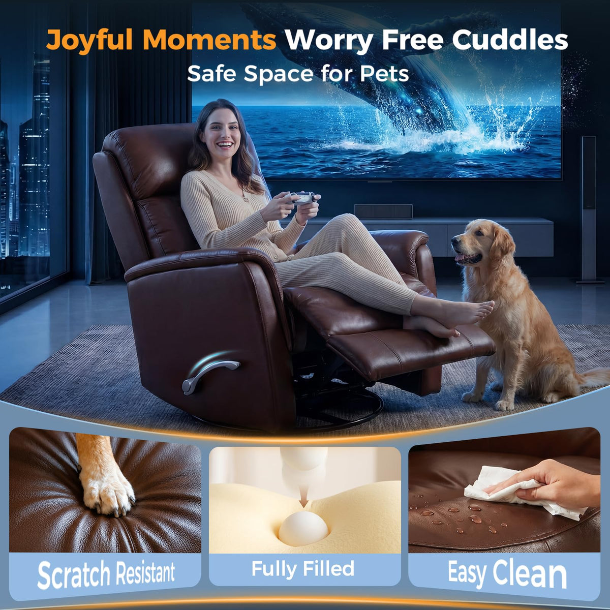 Swivel Recliner Chair, Manual Leather Home Theater Seat (Brown, Leather)