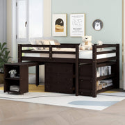 Merax Solid Wood Full-Size Low Loft Bed Frame with Ladder for Kids Bunk, Cabinet + Desk, Pure Espresso