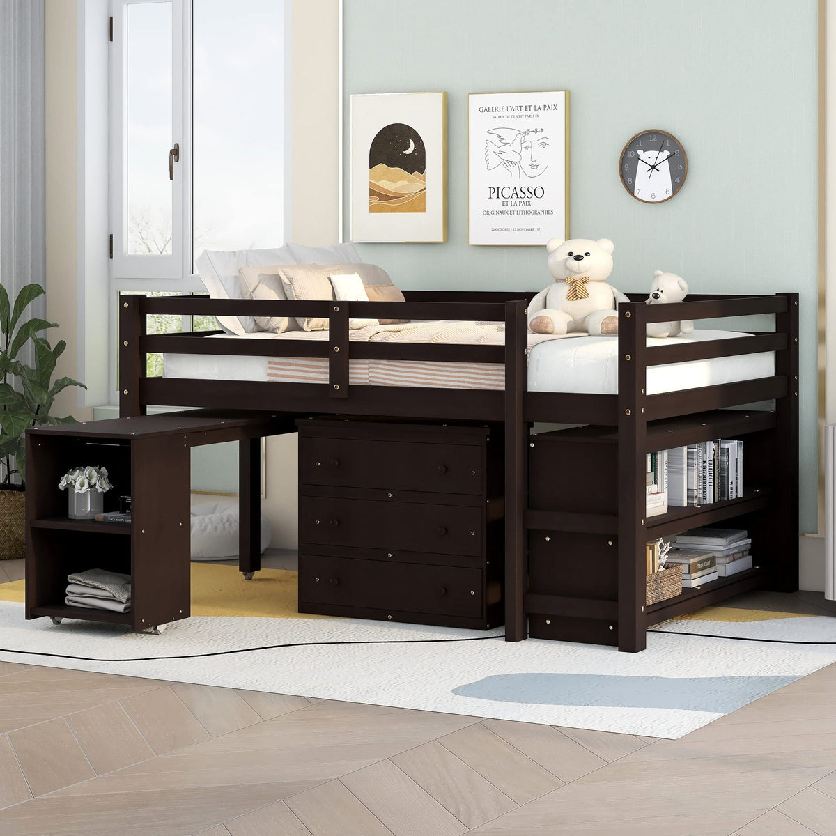 Merax Solid Wood Full-Size Low Loft Bed Frame with Ladder for Kids Bunk, Cabinet + Desk, Pure Espresso