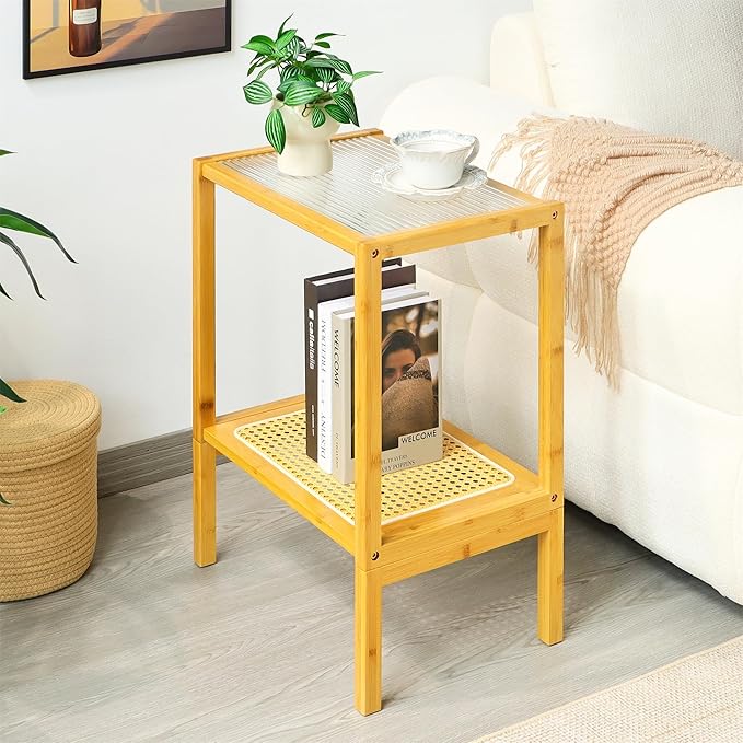 2-Tier Bamboo Side Table with Glass Top & Rattan Shelf