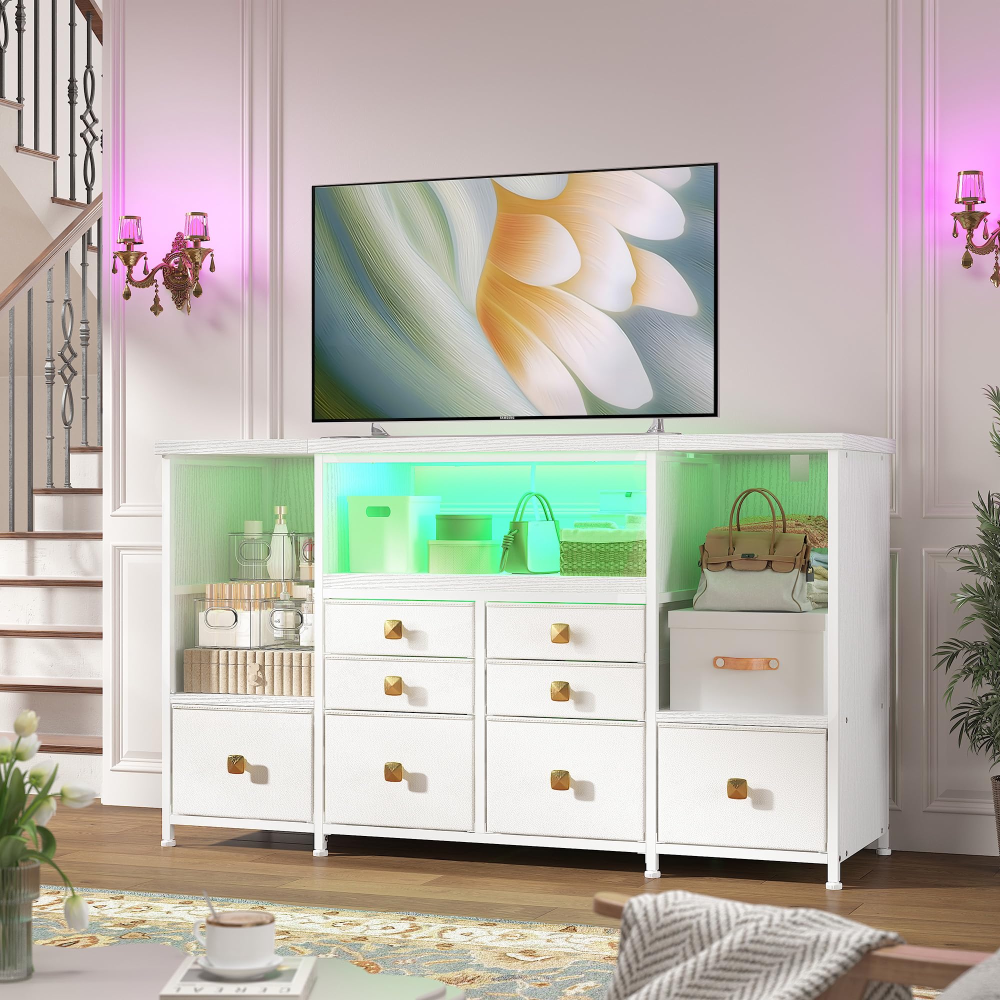 Dresser for Bedroom with 8 Fabric Drawers & 17.5''H Semi-Open Wooden Shelf,TV stand with LED Lights & Charging Station,Sturdy Steel Frame & Wood Top,Storage Cabinet for Hallway,Living Room,White