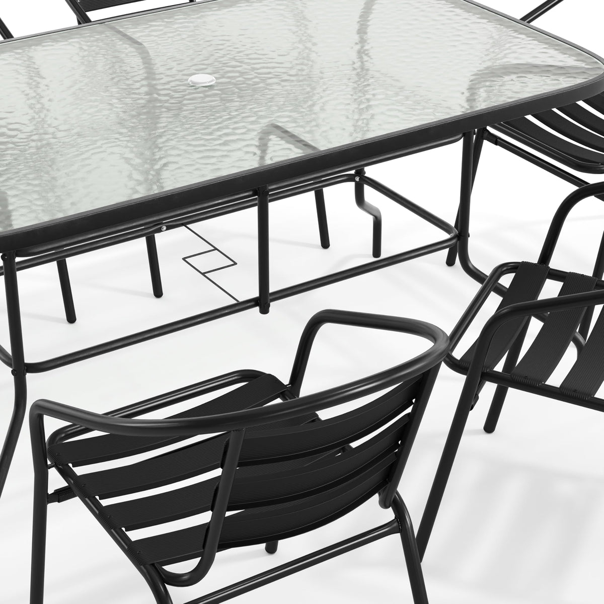 Flash Furniture Lila 7-Piece Glass Patio Table and Chairs Set, Outdoor Patio Dining Set with Rectangular Table and 6 Slat Back Patio Chairs, Black
