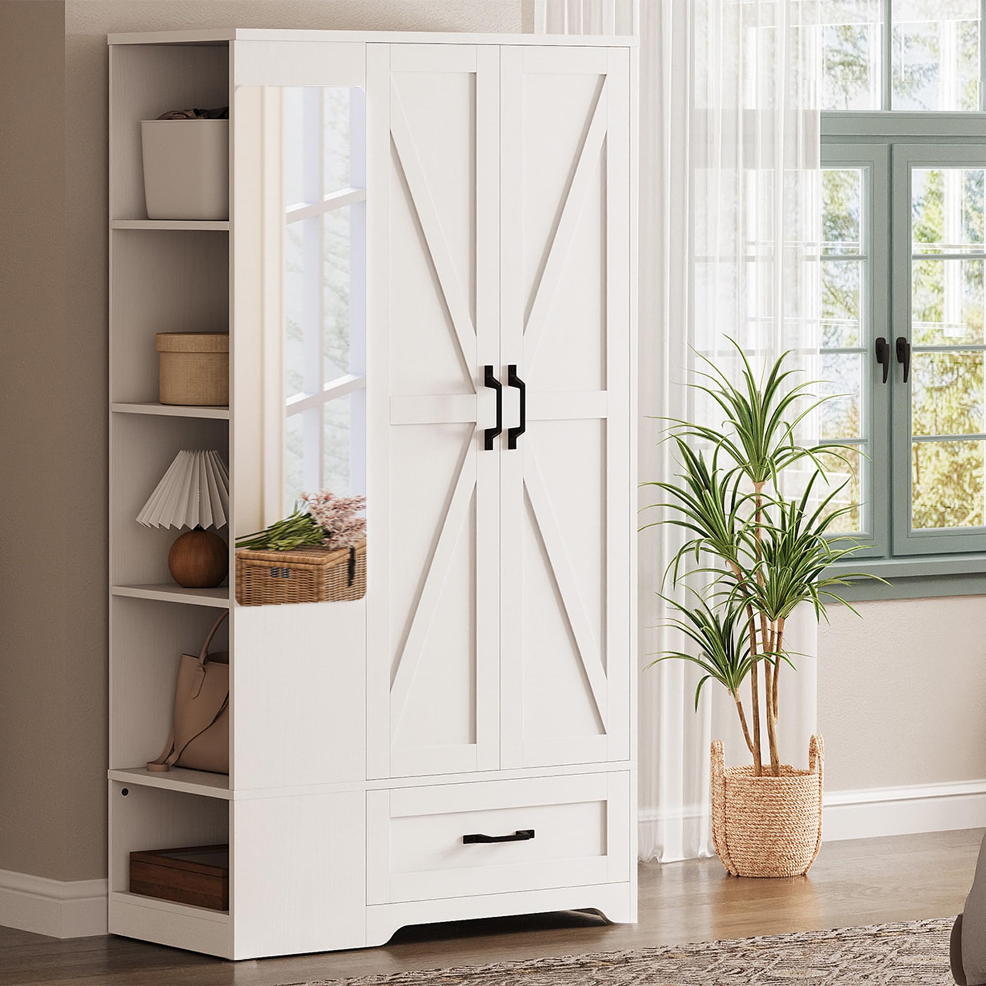 Tall Wardrobe Closet with Mirror & Barn Doors