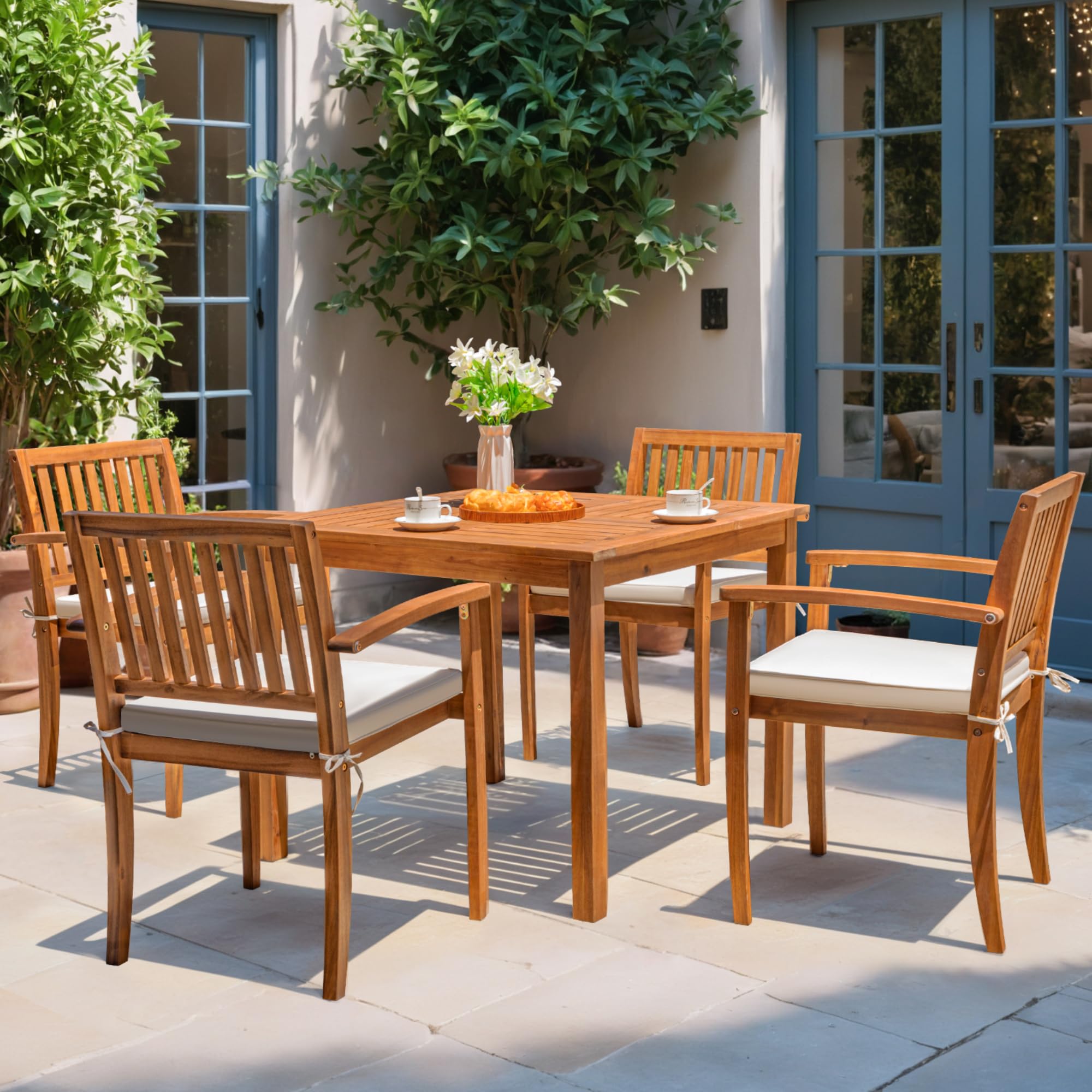 5-Piece Acacia Wood Outdoor Dining Set with Cushions