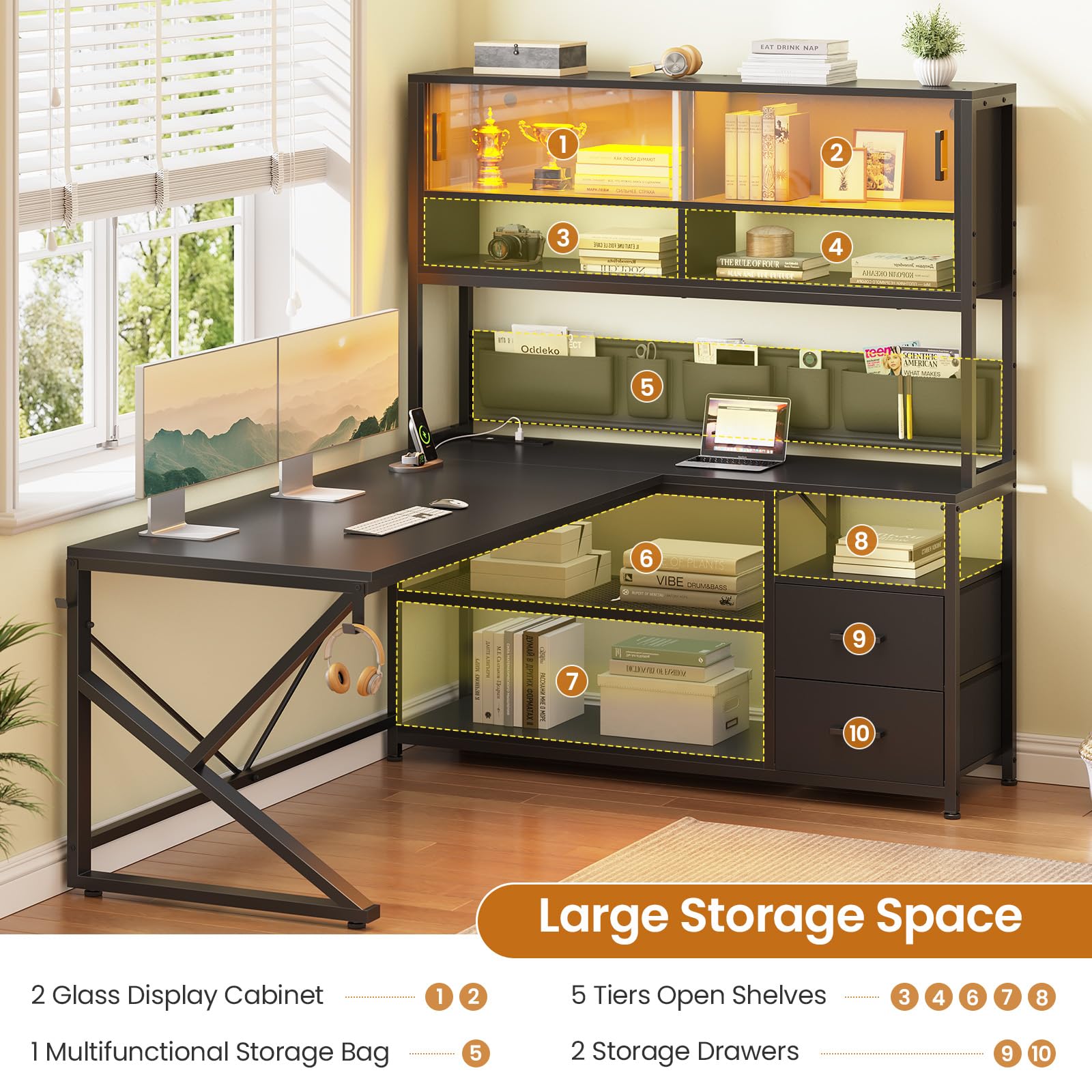 L-Shaped Gaming Desk with Bookshelf & LED Light