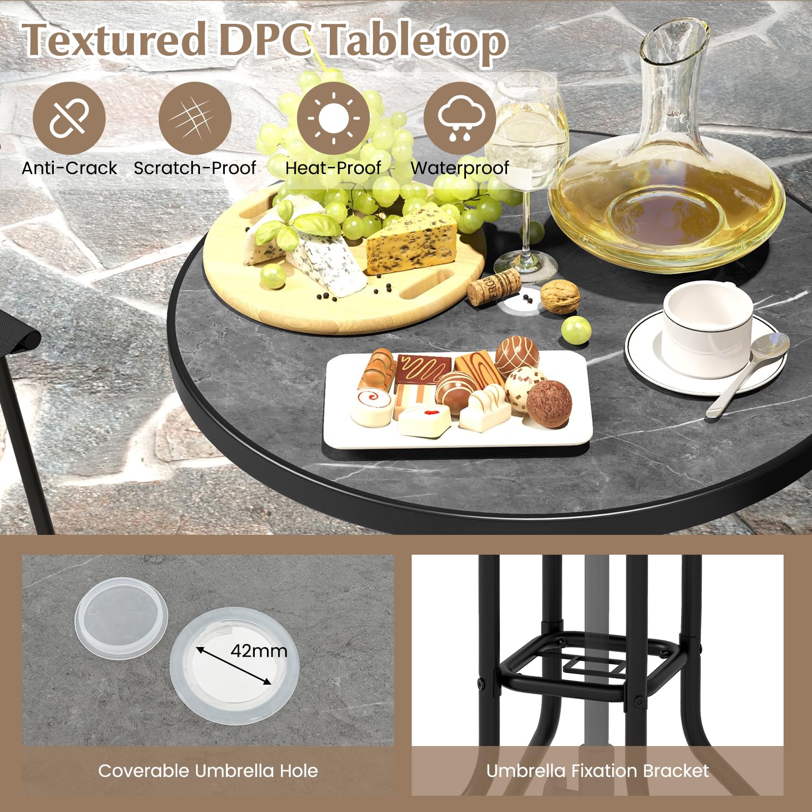 3-Piece Outdoor Patio Bar Set with Round Table & Folding Counter Height Chairs