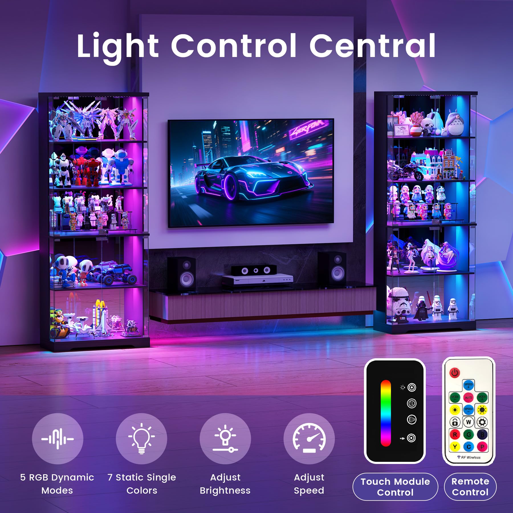 5-Tier Glass Display Cabinet with RGB LED Lights