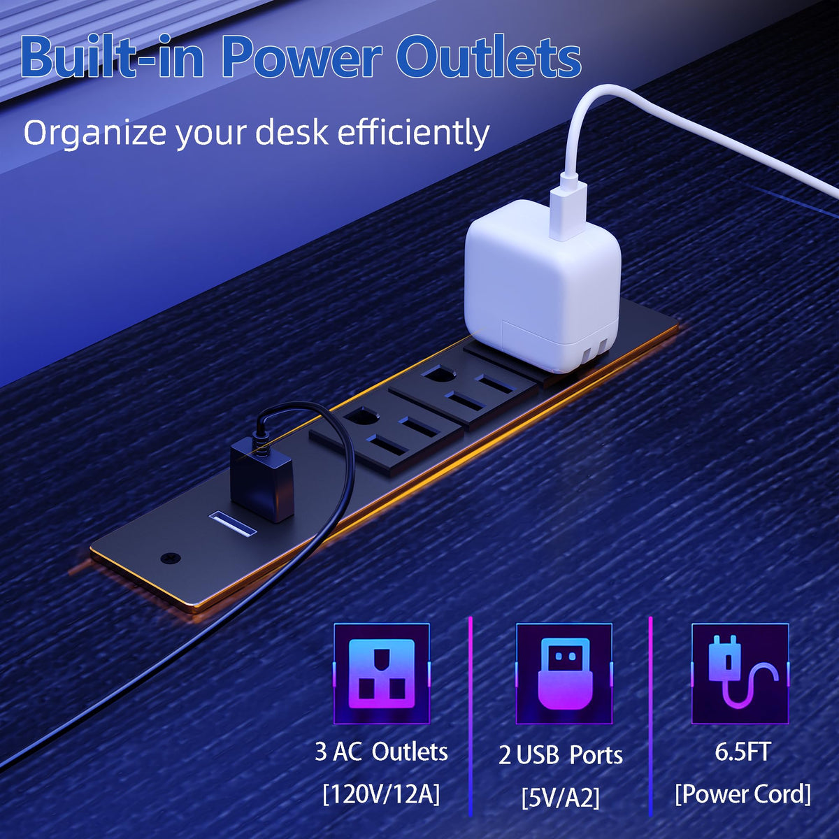 Furologee 51" Gaming Desk with Outlets & LED, Computer Office Desk, Black