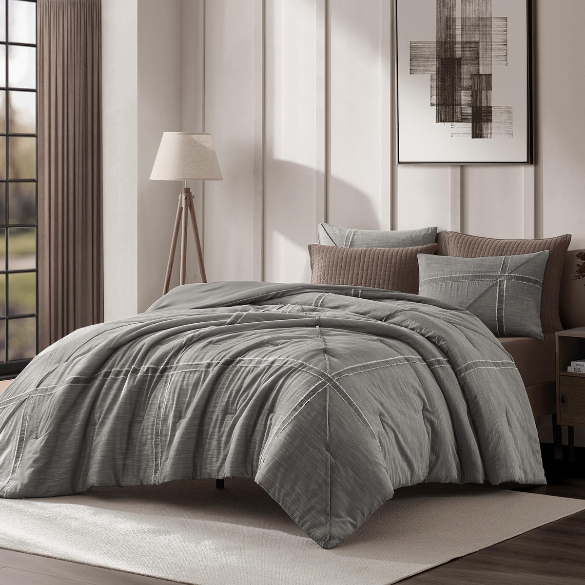 Queen Cotton Comforter Set, Black Grey