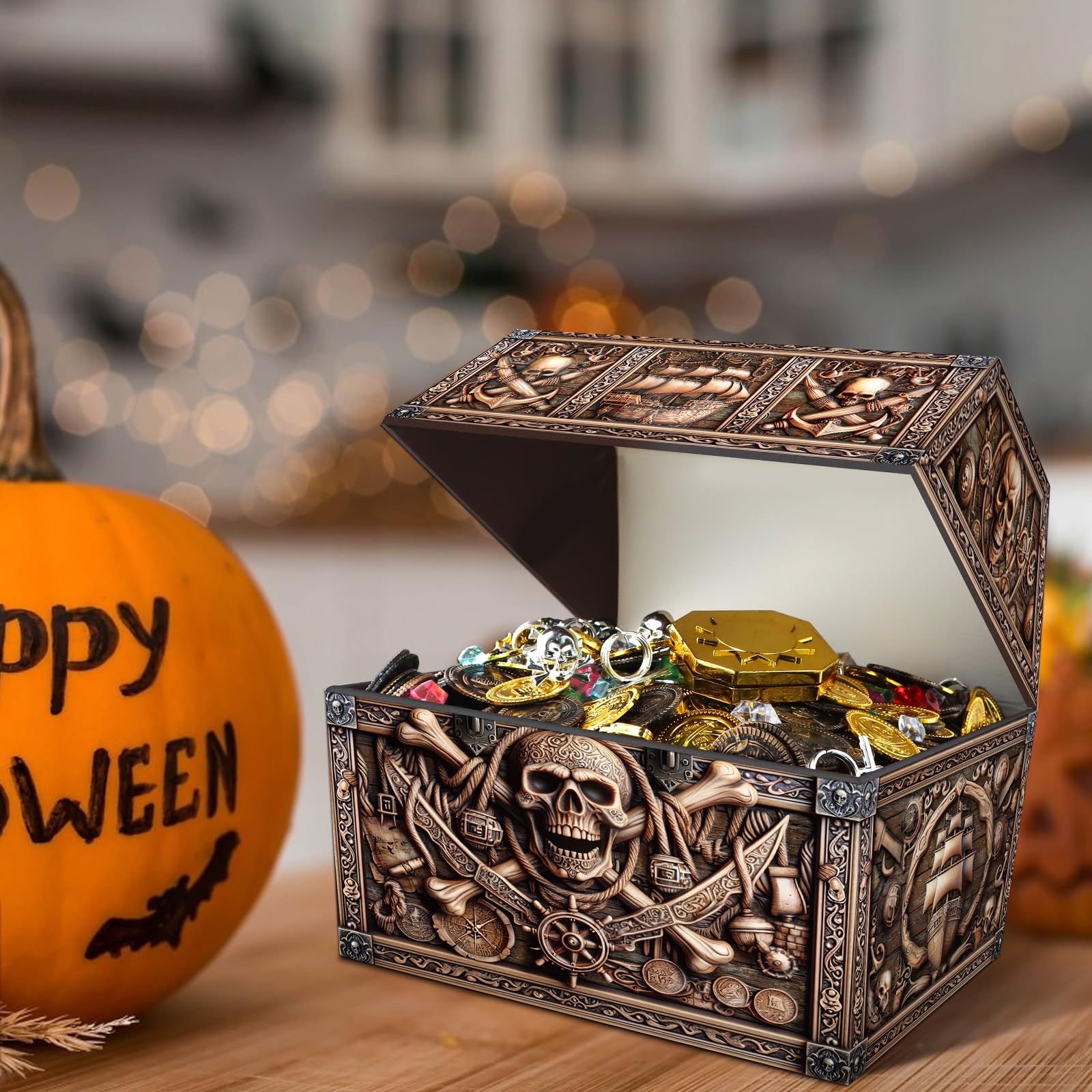 PETCEE Pirate Treasure Chest & Skull Box - Large 9"x 9.3"x 8" Cardboard Classroom Storage for Kids Prizes Reusable Treasure Chest for Classroom Rewards Pirate Party Decor Toys Keepsake Organizer